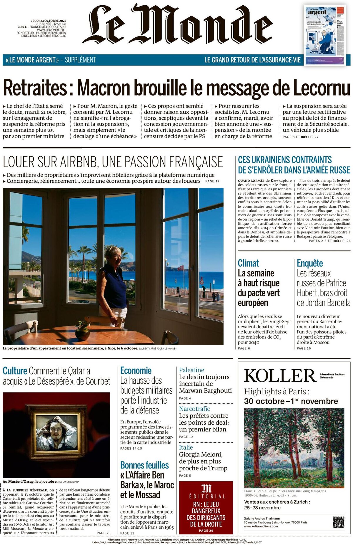Prima Pagina Le Monde 23/10/2025