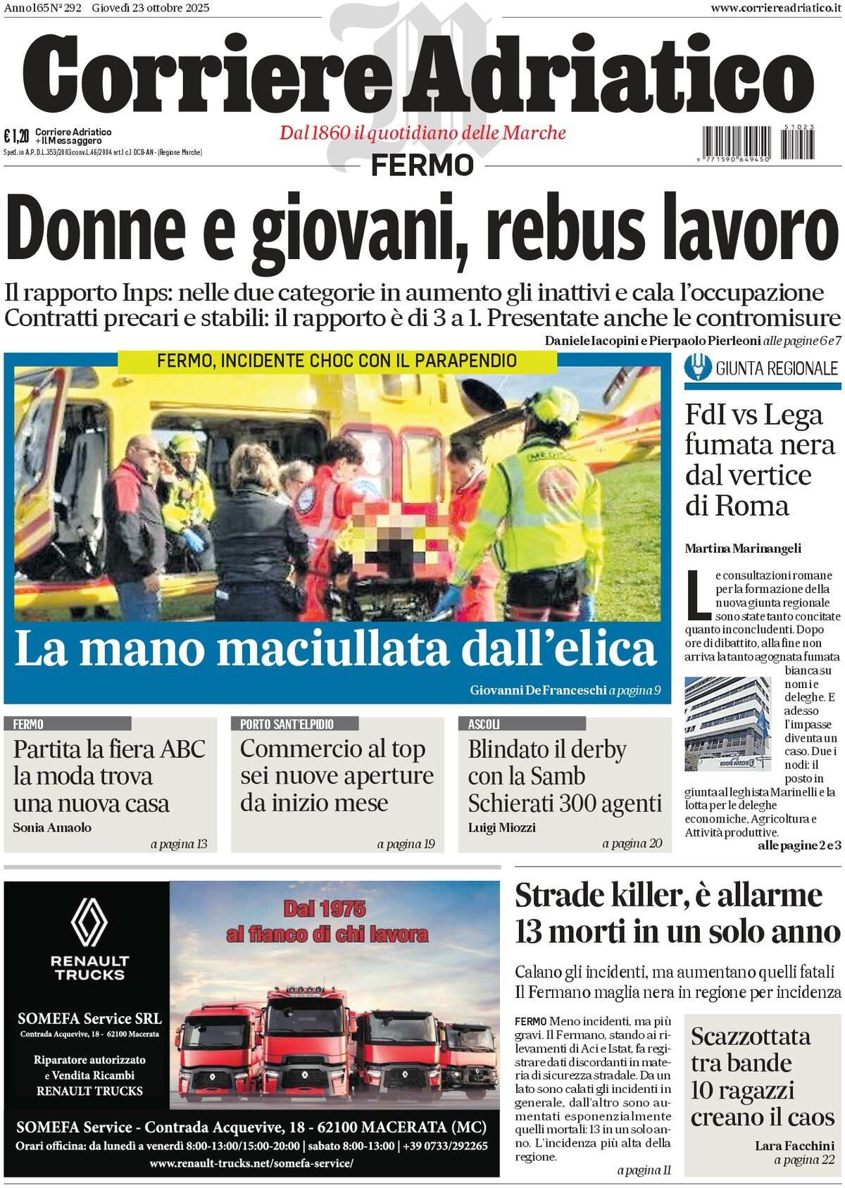 Prima Pagina Corriere Adriatico (Fermo) 23/10/2025