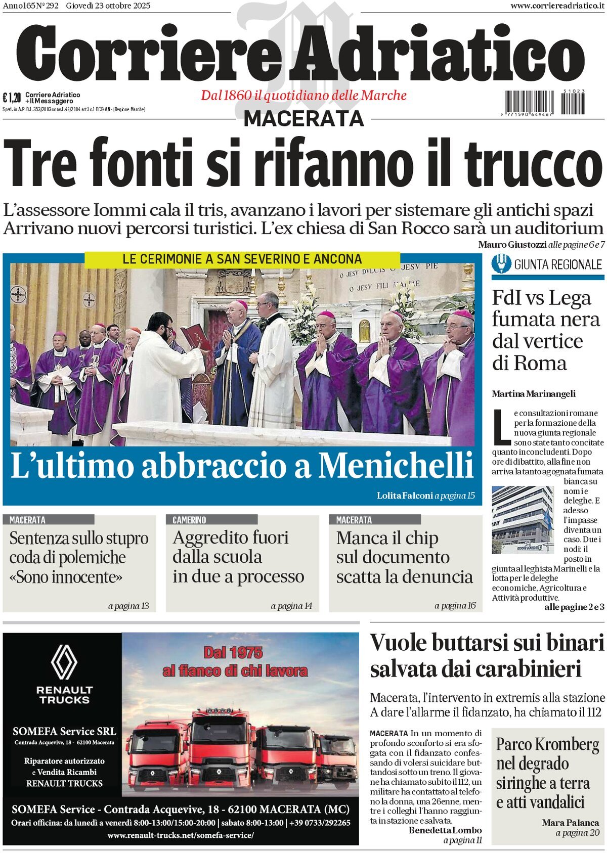 Prima Pagina Corriere Adriatico (Macerata) 23/10/2025