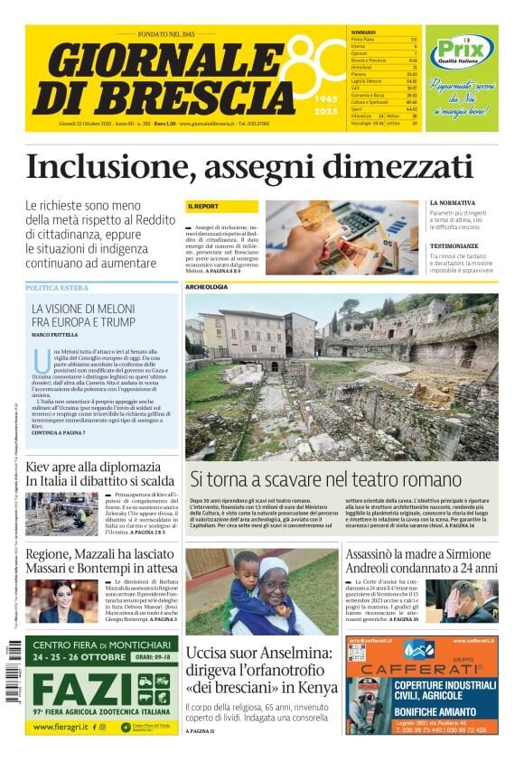 Prima Pagina Giornale di Brescia 23/10/2025