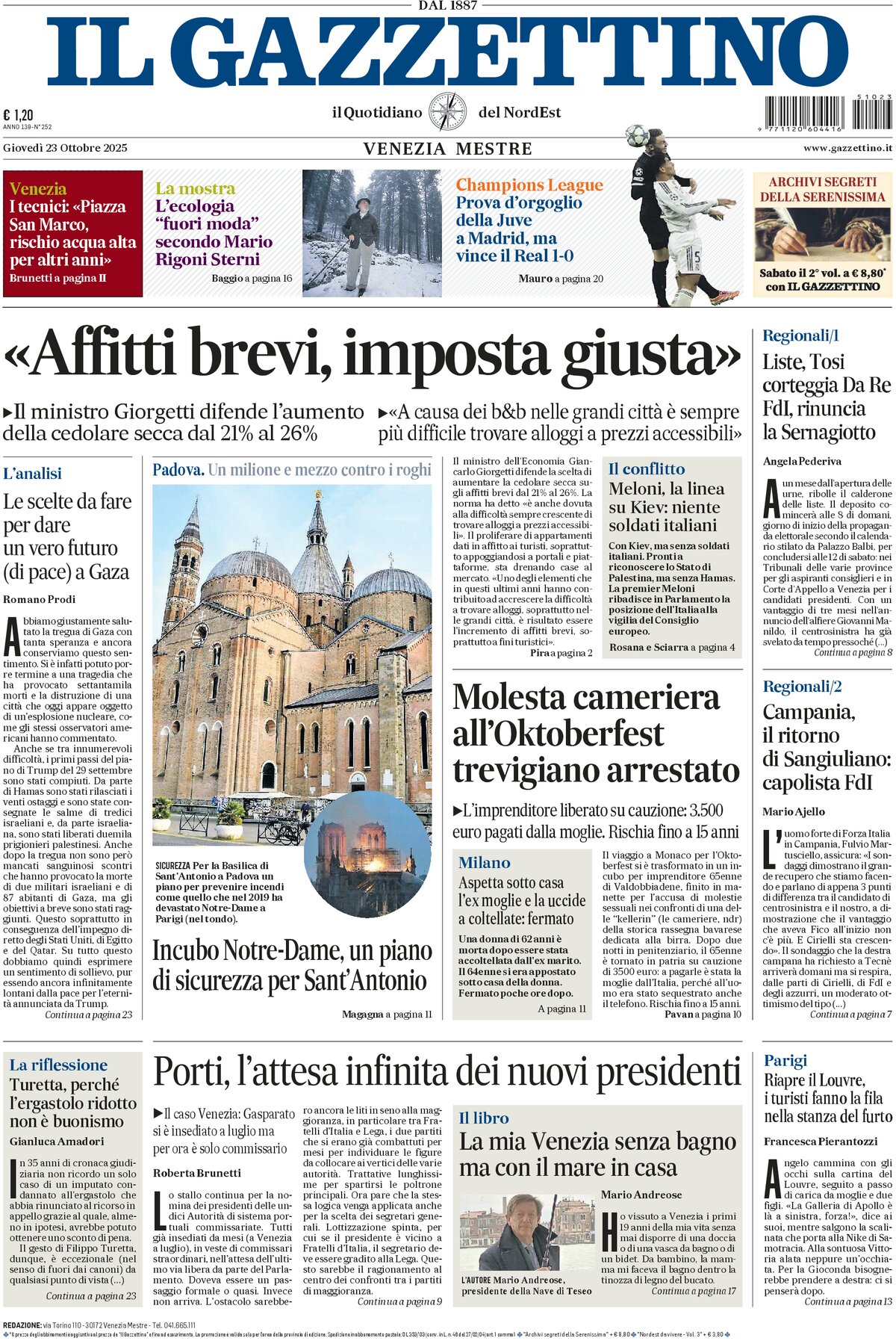 Prima Pagina Il Gazzettino 23/10/2025