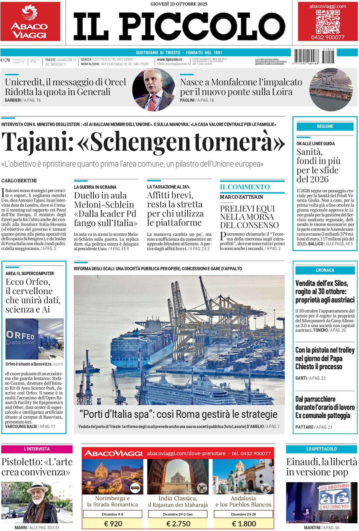 Prima Pagina Il Piccolo (Trieste) 23/10/2025