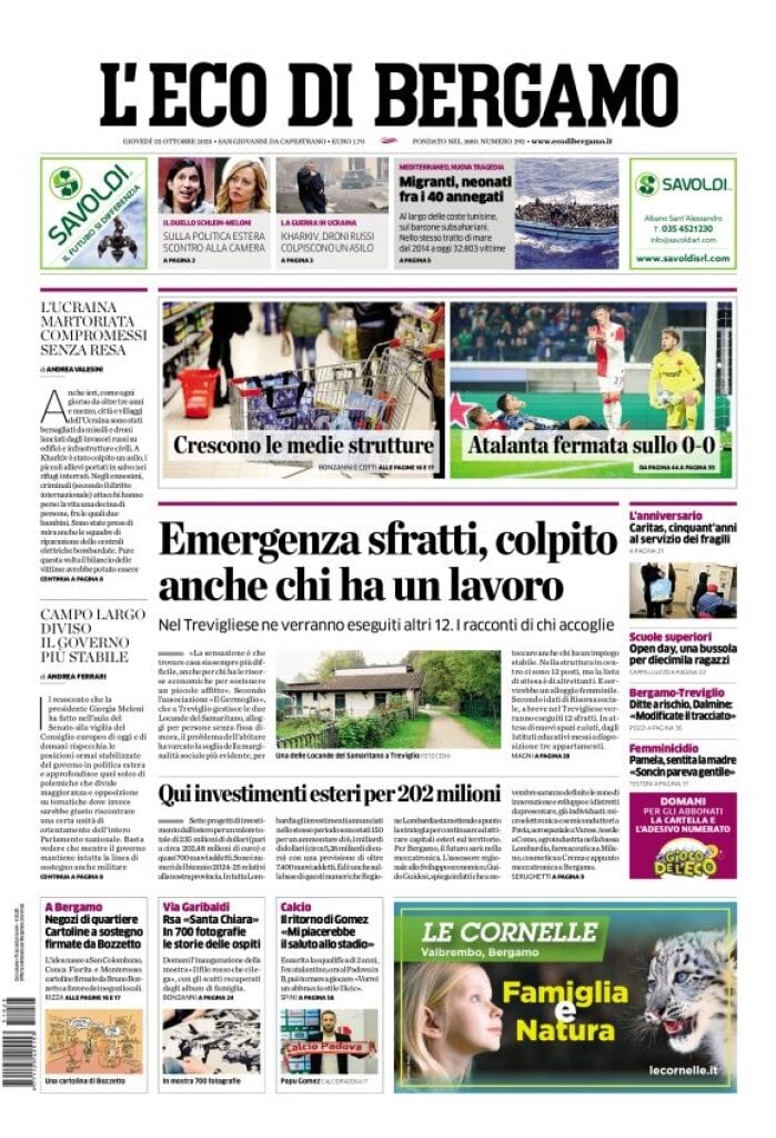 Prima Pagina L'Eco di Bergamo 23/10/2025