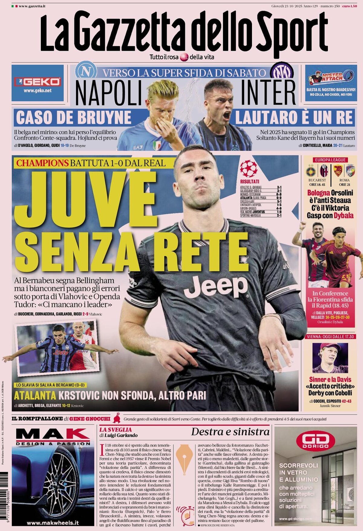 Prima Pagina La Gazzetta dello Sport 23/10/2025
