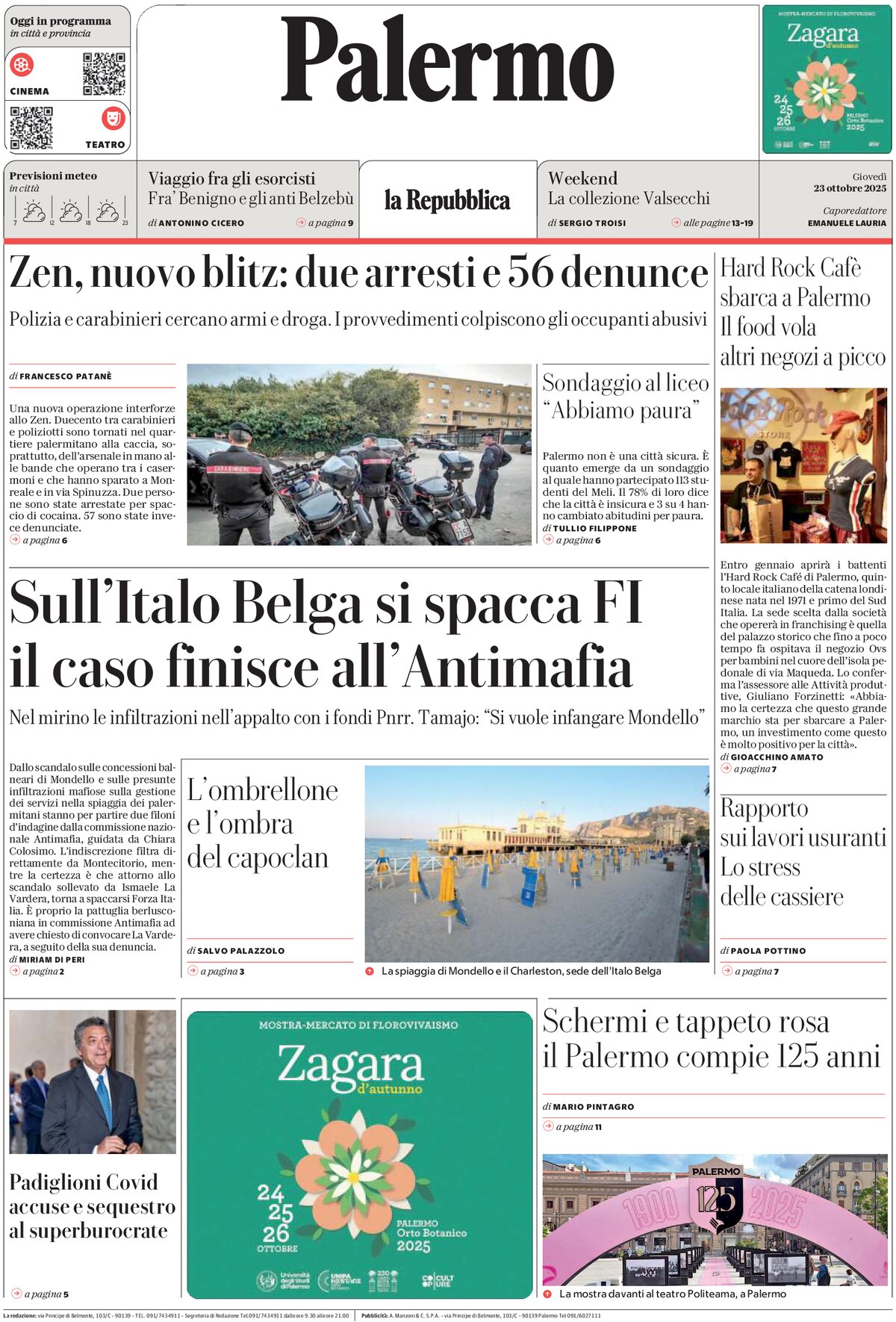 Prima Pagina La Repubblica (Palermo) 23/10/2025