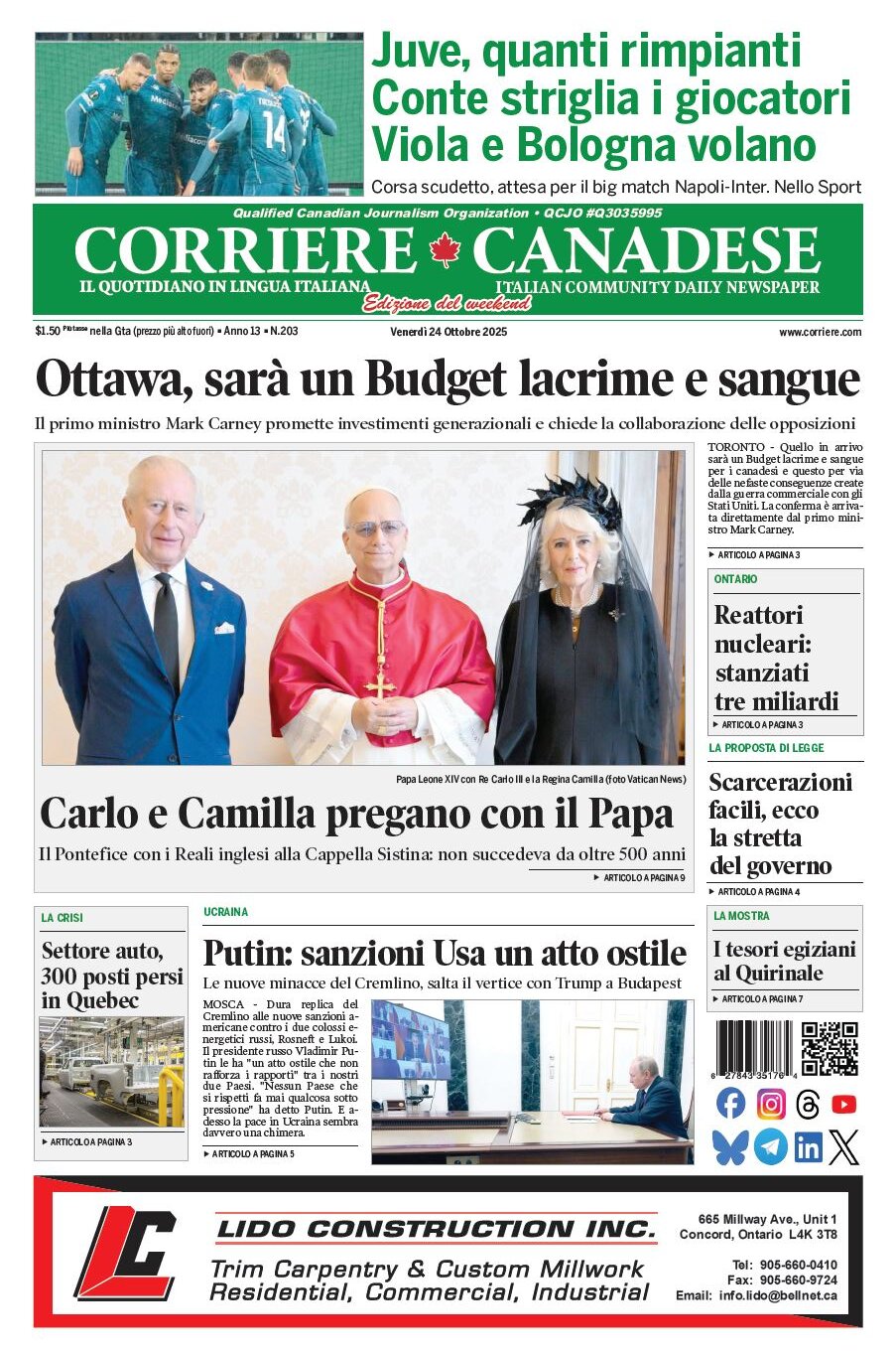 Prima Pagina Corriere Canadese 24/10/2025