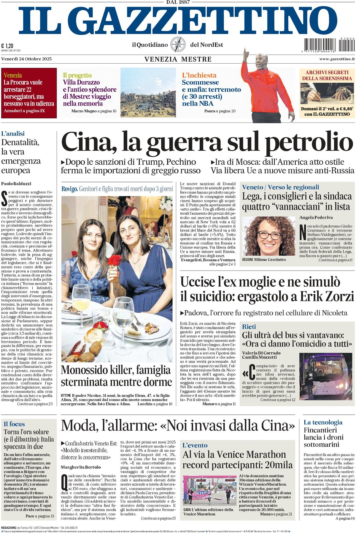 Prima Pagina Il Gazzettino 24/10/2025
