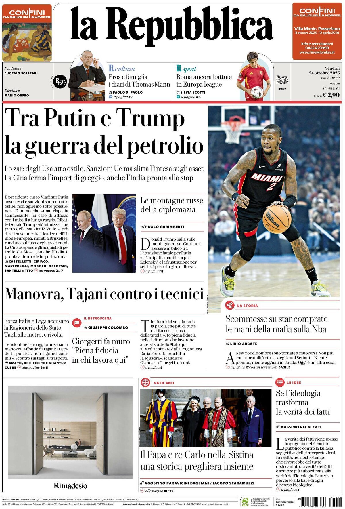 Prima Pagina La Repubblica 24/10/2025