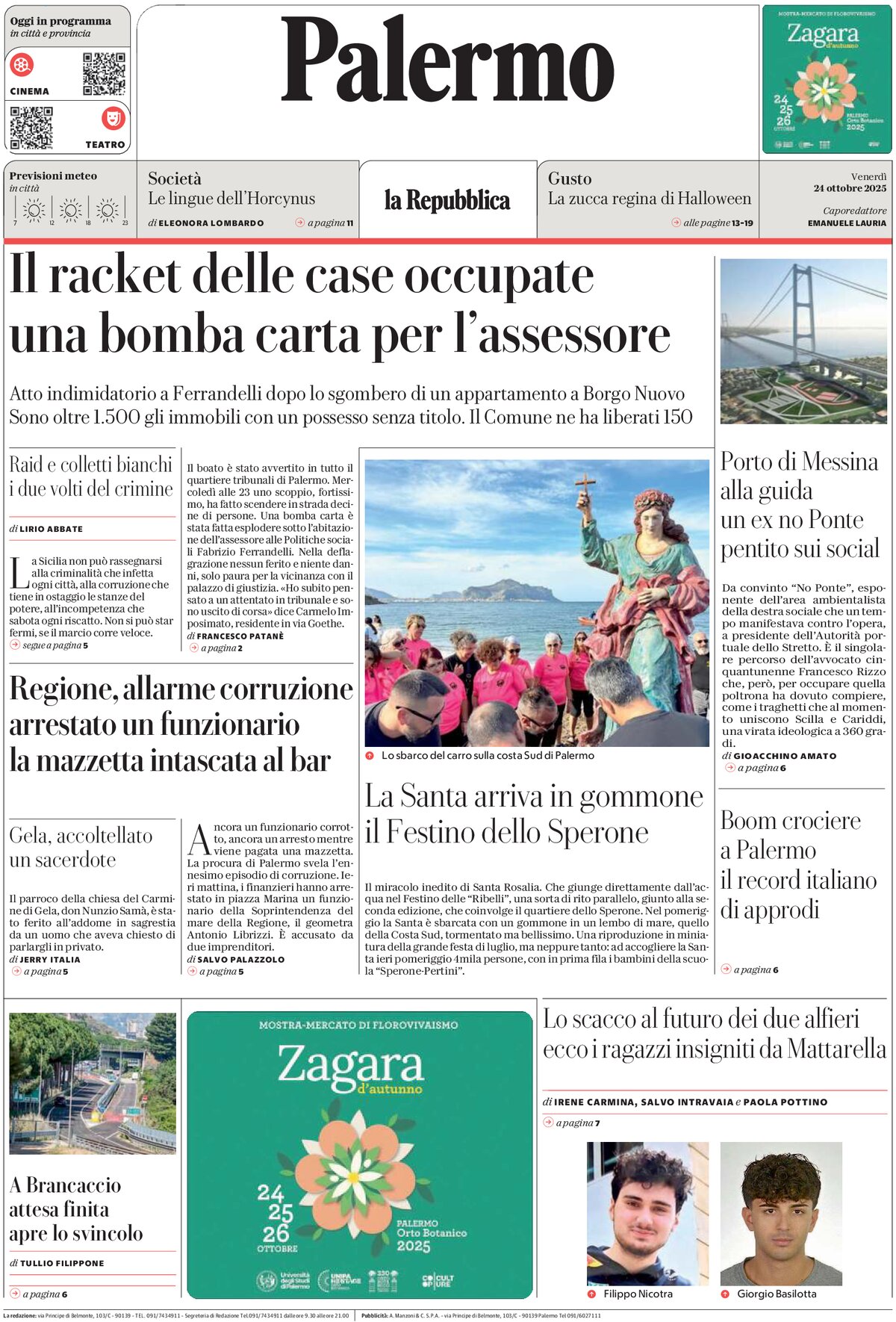 Prima Pagina La Repubblica (Palermo) 24/10/2025