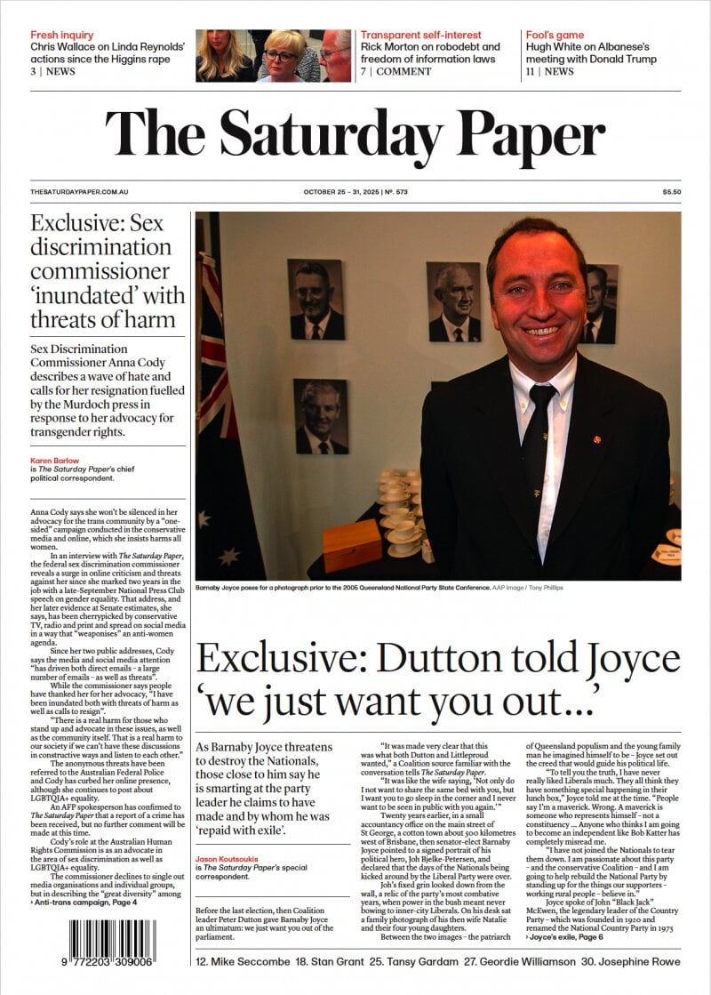 Copertina The Saturday Paper 25/10/2025