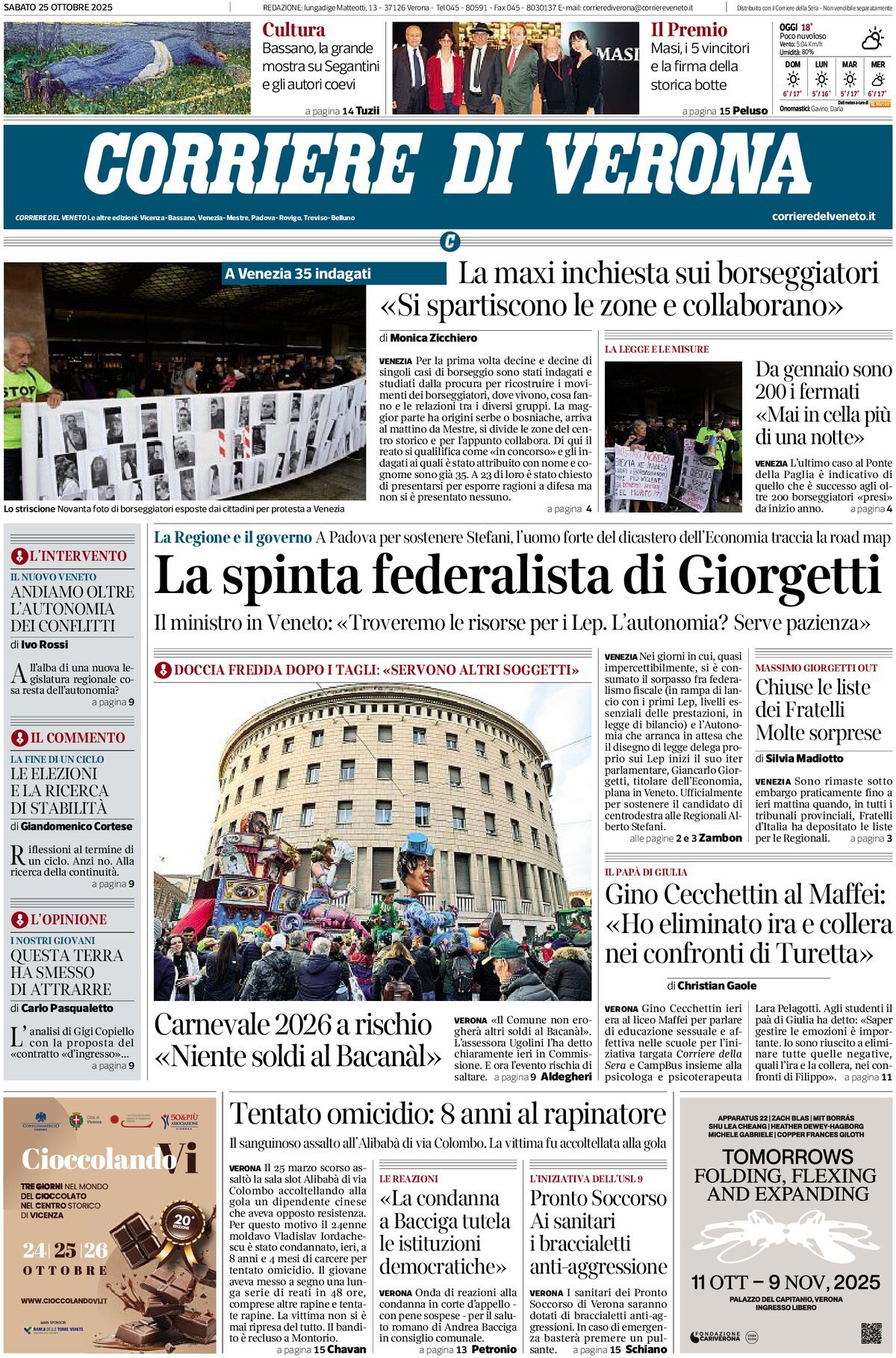 Prima Pagina Corriere di Verona 25/10/2025