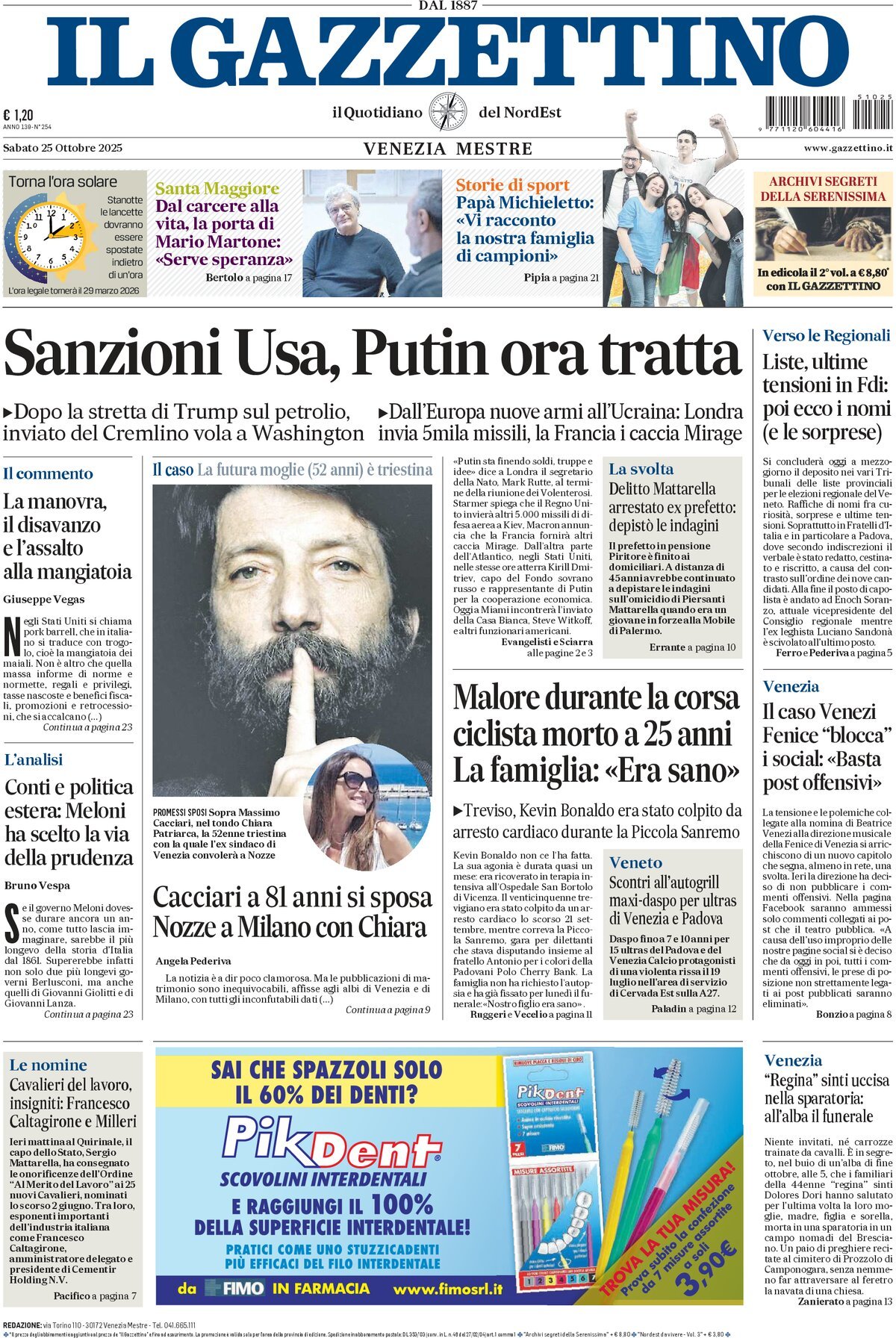Prima Pagina Il Gazzettino 25/10/2025