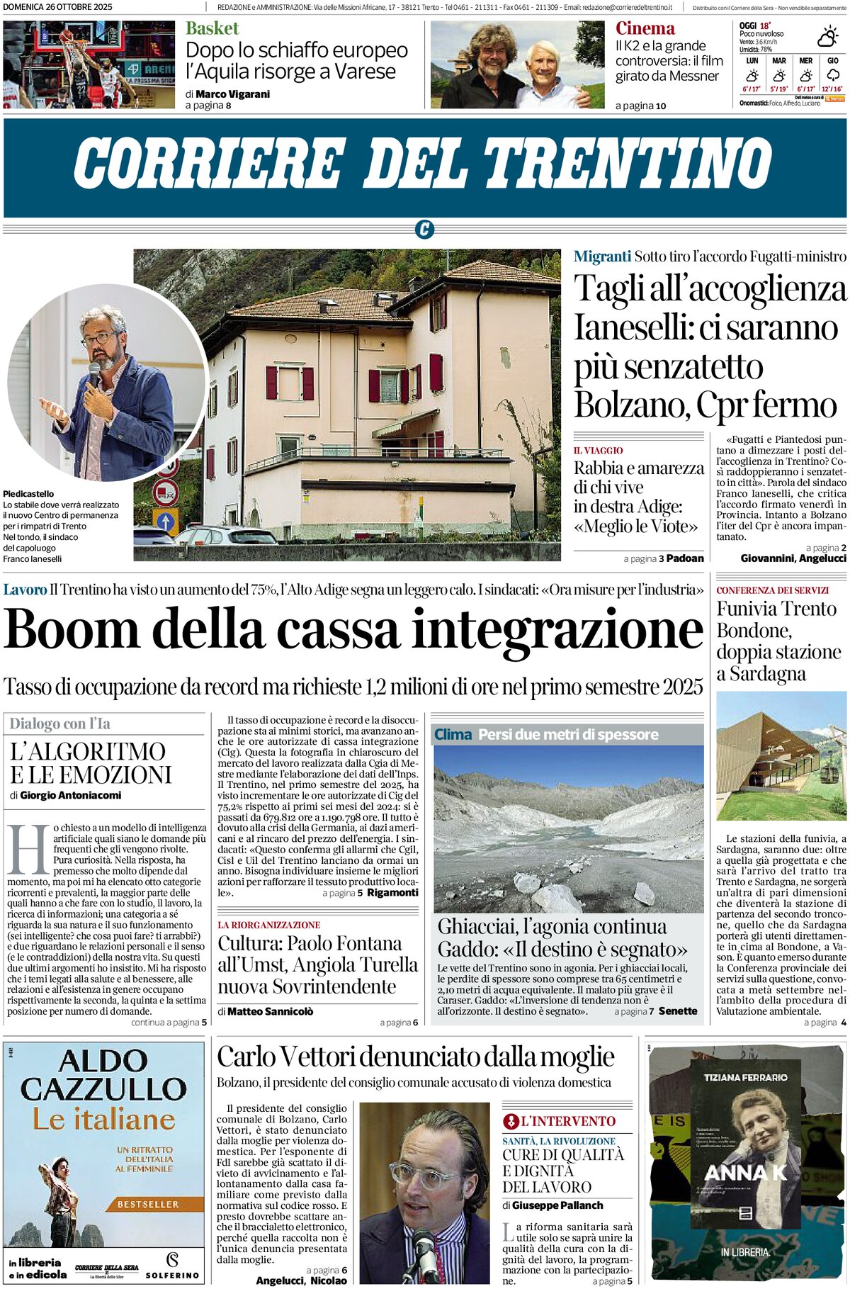 Prima Pagina Corriere del Trentino 26/10/2025