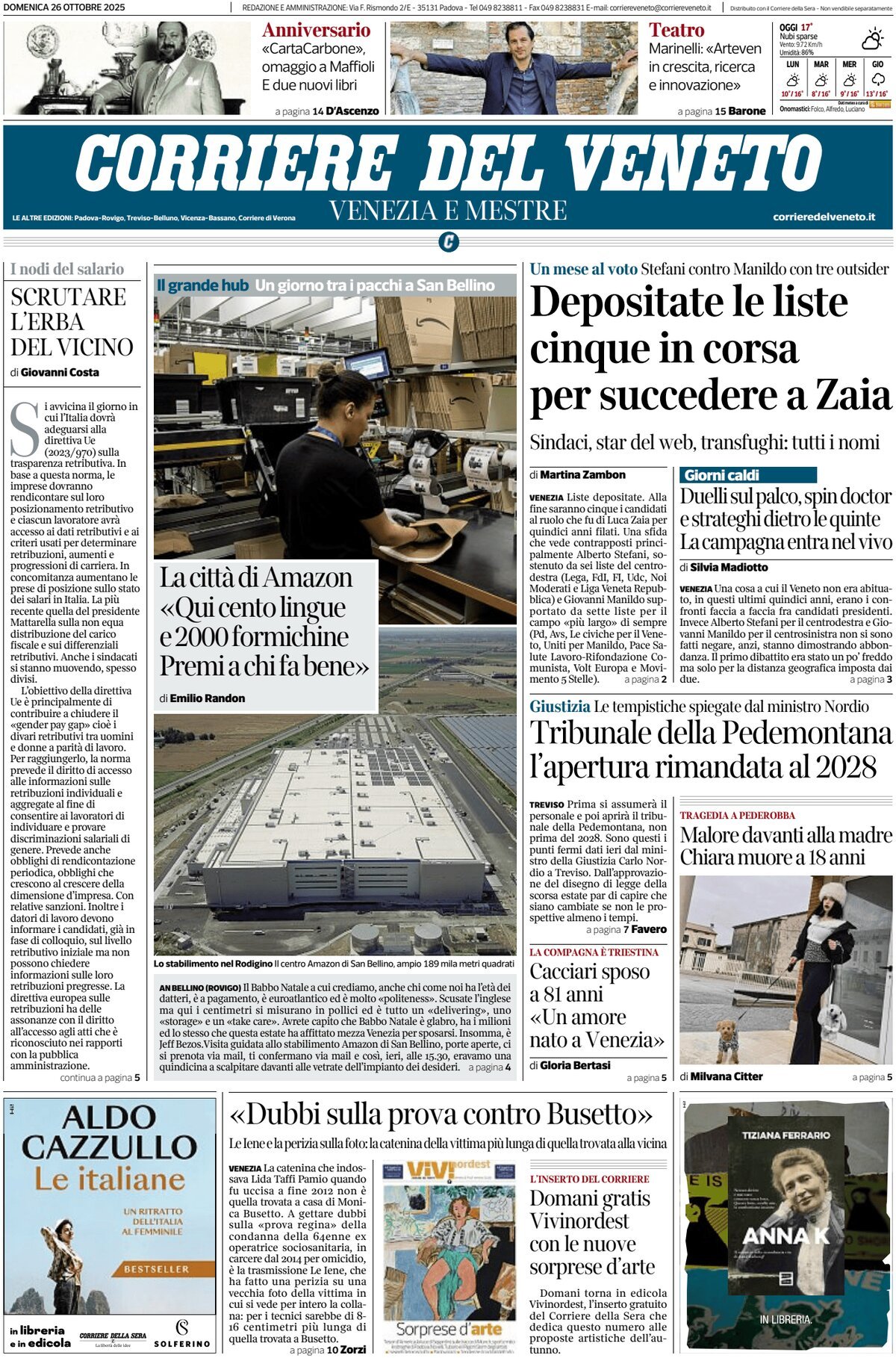 Prima Pagina Corriere del Veneto 26/10/2025
