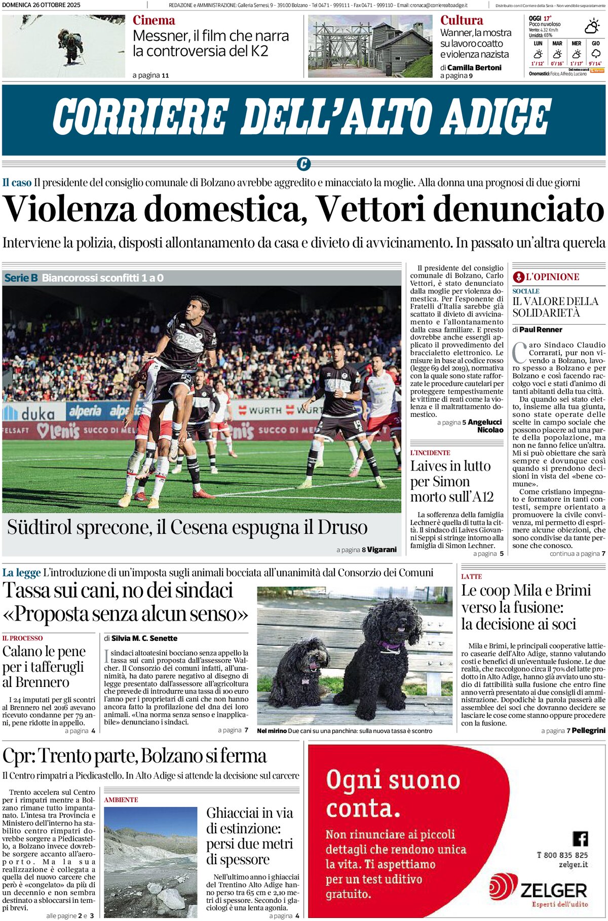 Prima Pagina Corriere dell'Alto Adige 26/10/2025