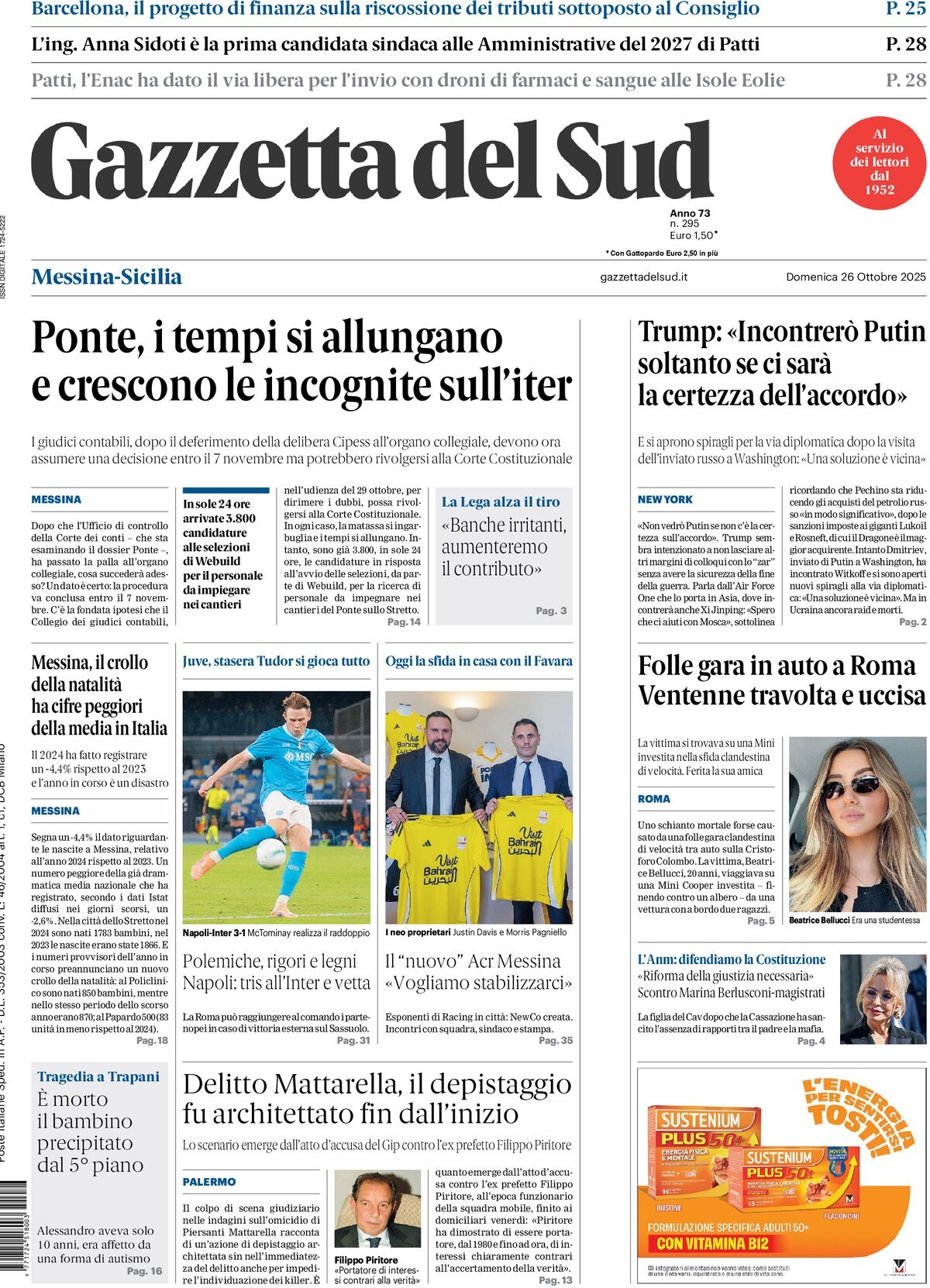 Prima Pagina Gazzetta del Sud (Messina) 26/10/2025