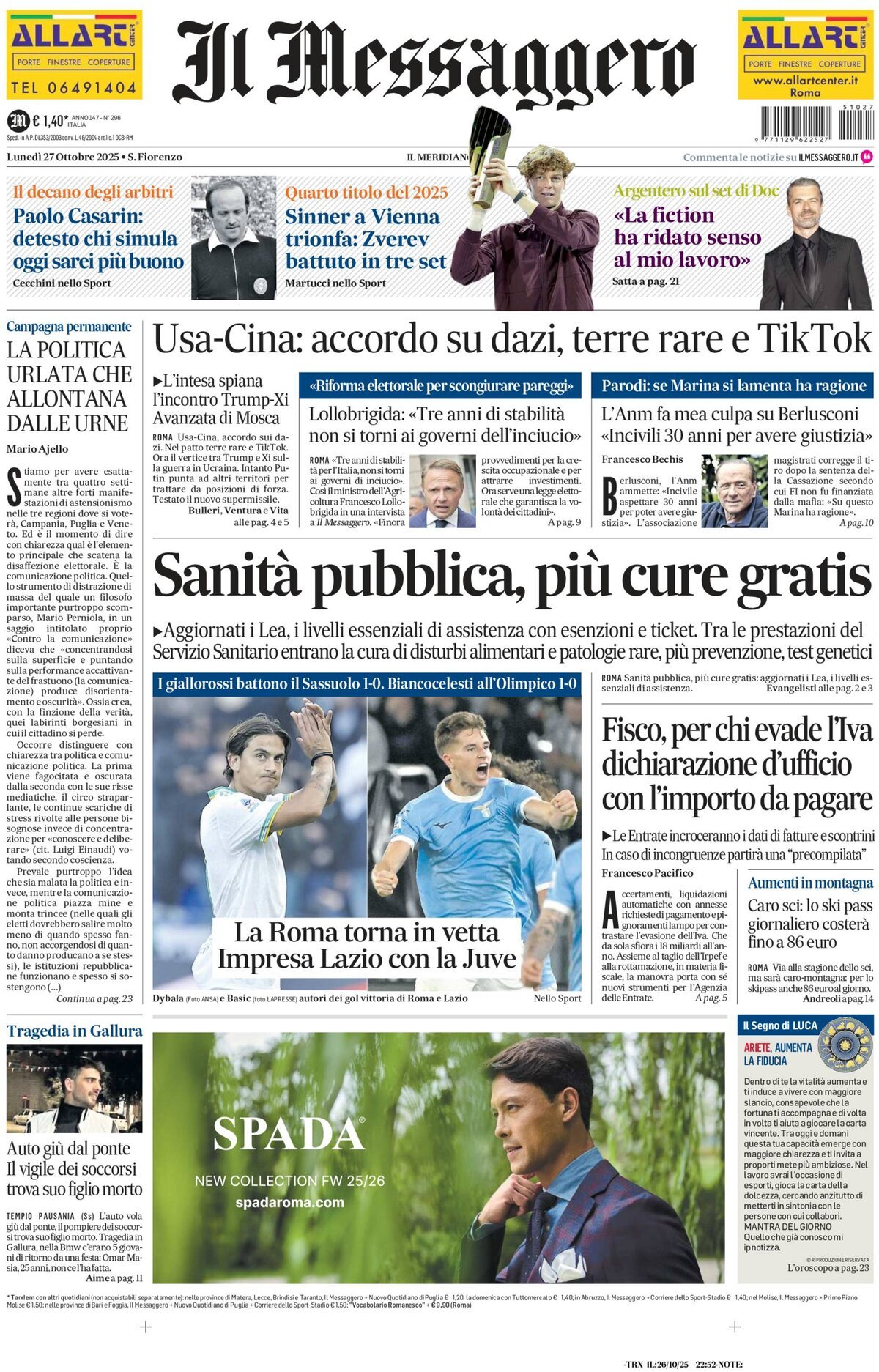 Prima Pagina Il Messaggero 27/10/2025