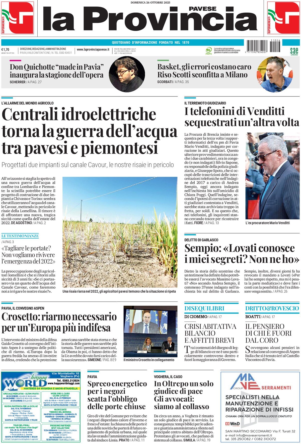 Prima Pagina La Provincia Pavese 26/10/2025