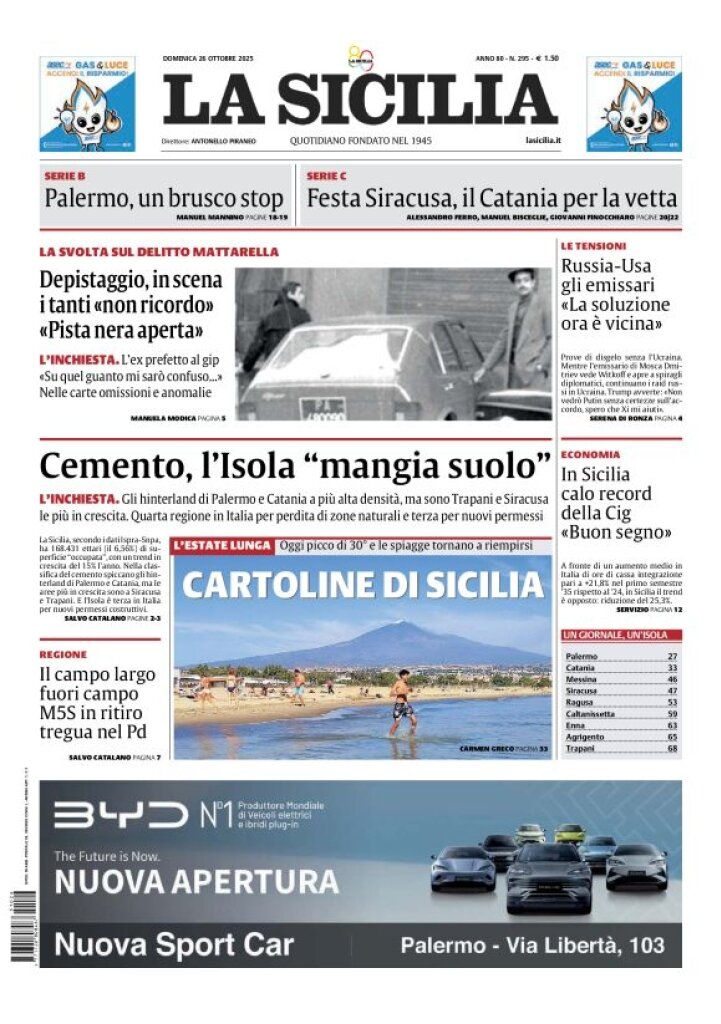 Prima Pagina La Sicilia 26/10/2025