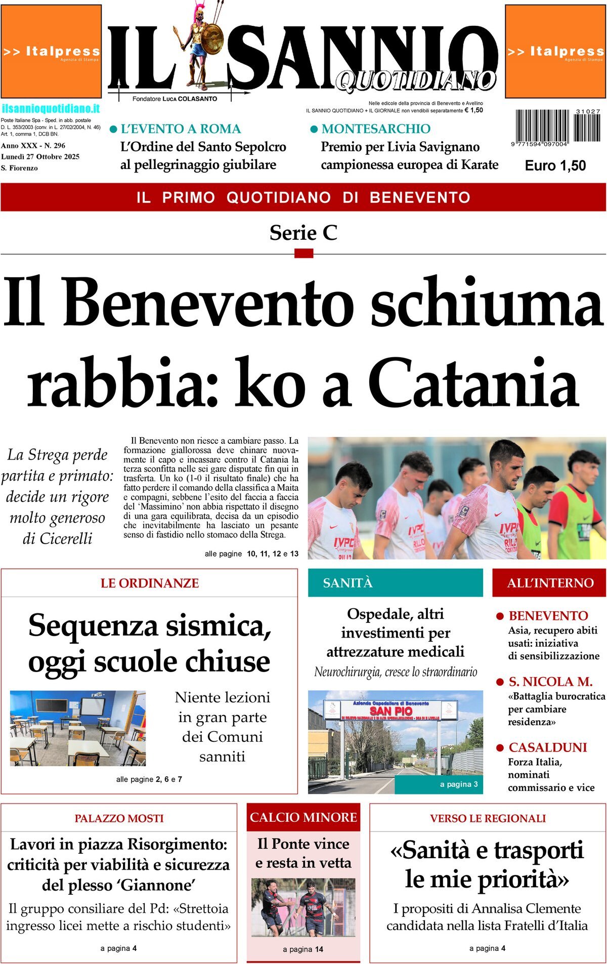 Prima Pagina Il Sannio Quotidiano 27/10/2025