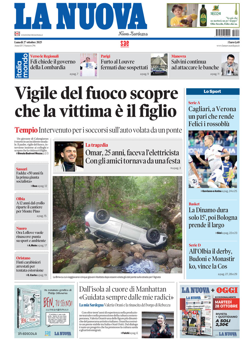 Prima Pagina La Nuova Sardegna 27/10/2025