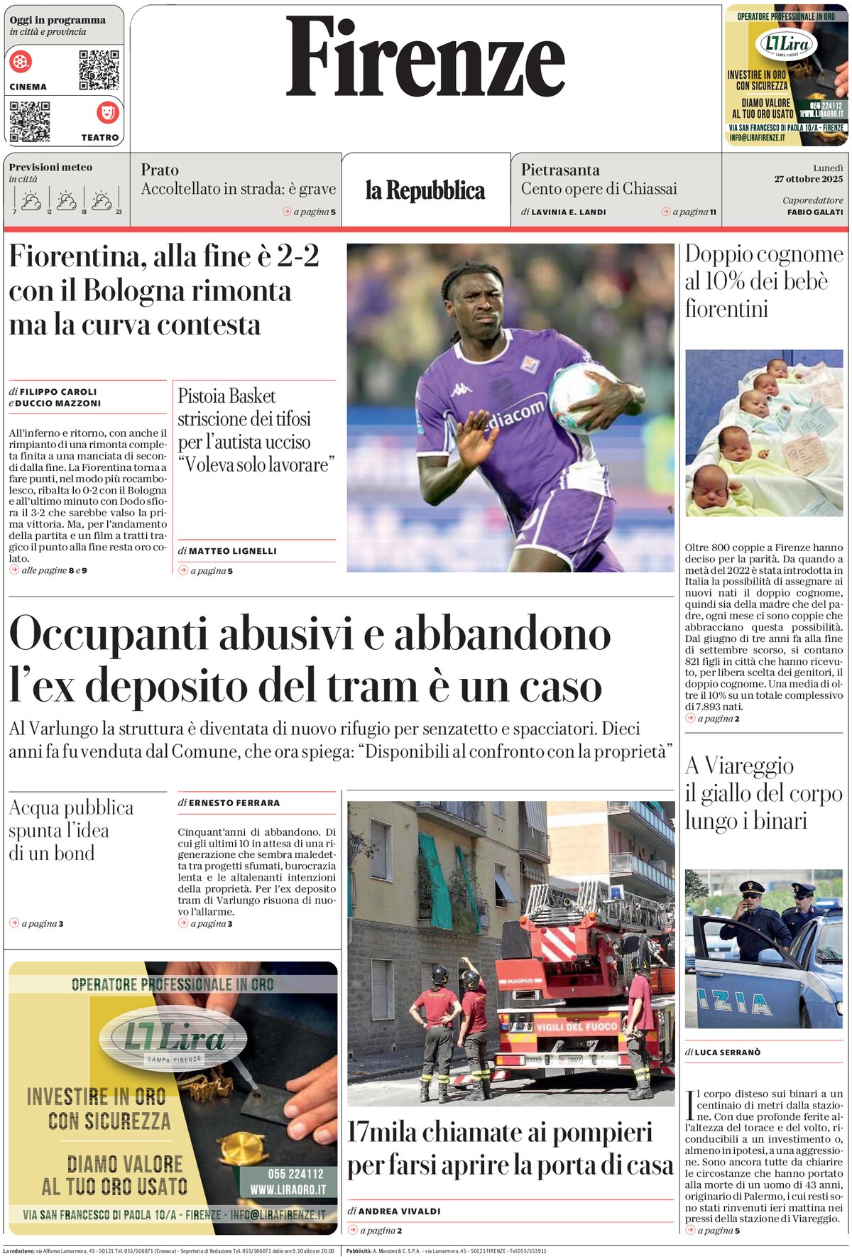 Prima Pagina La Repubblica (Firenze) 27/10/2025