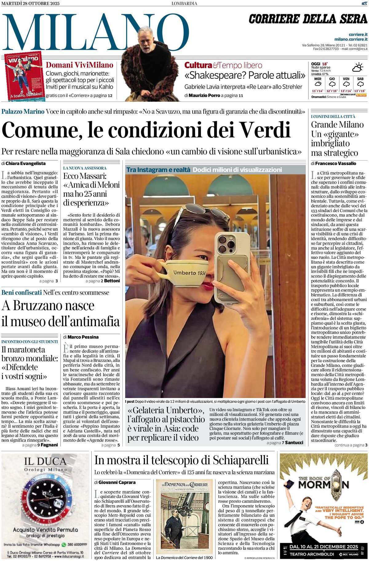 Prima Pagina Corriere della Sera (Milano) 28/10/2025