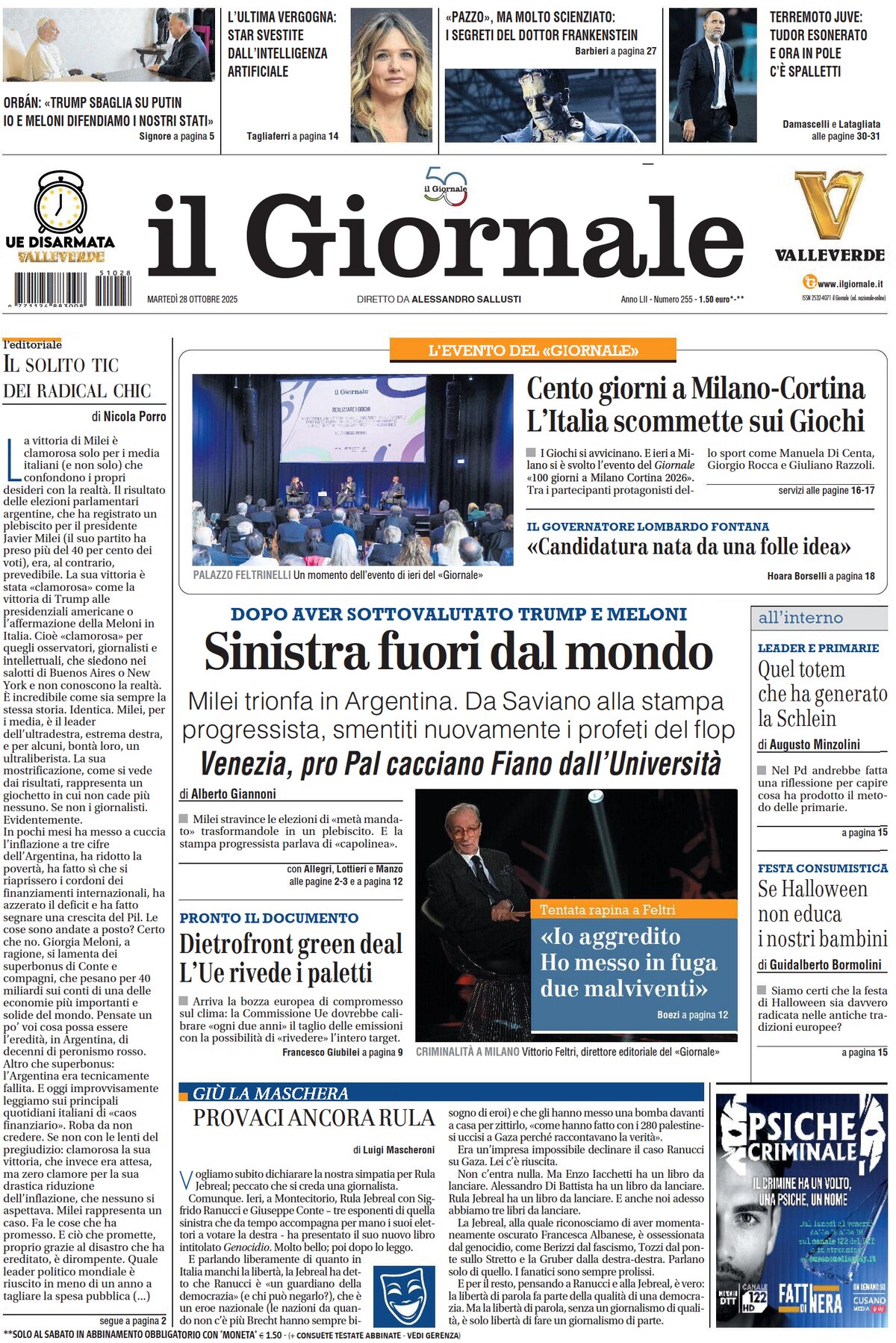 Prima Pagina Il Giornale 28/10/2025