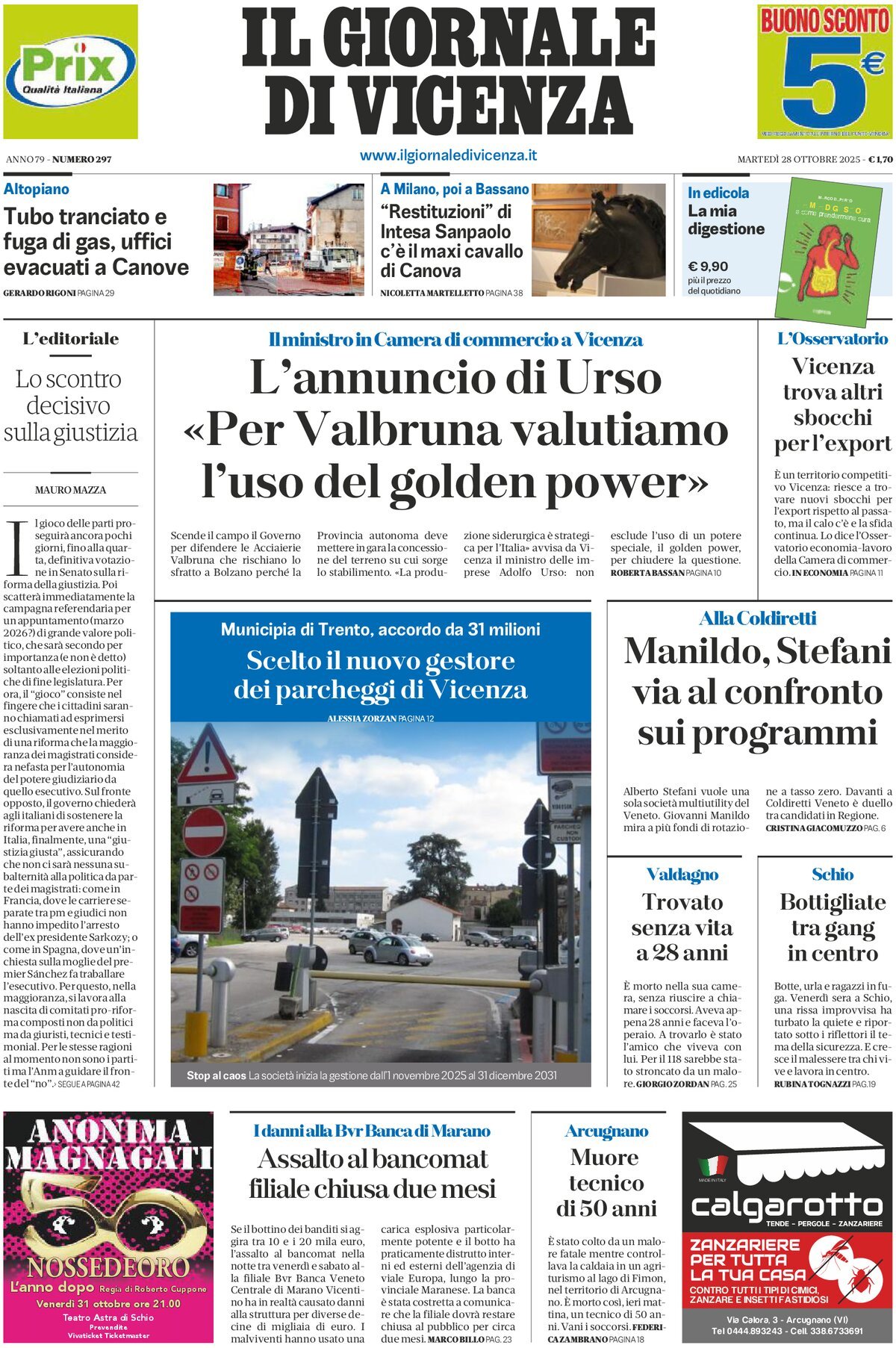 Prima Pagina Il Giornale di Vicenza 28/10/2025
