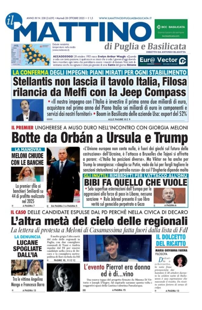 Prima Pagina Il Mattino di Puglia e Basilicata 28/10/2025
