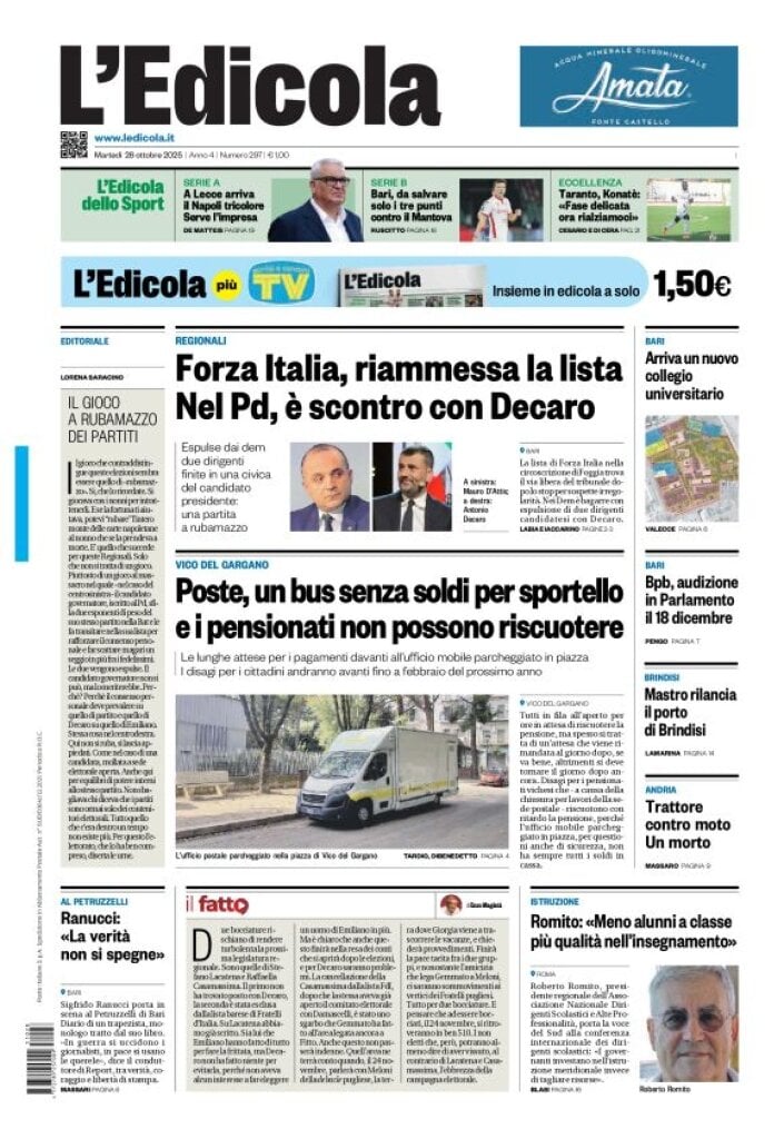 Prima Pagina L'Edicola (Bari) 28/10/2025