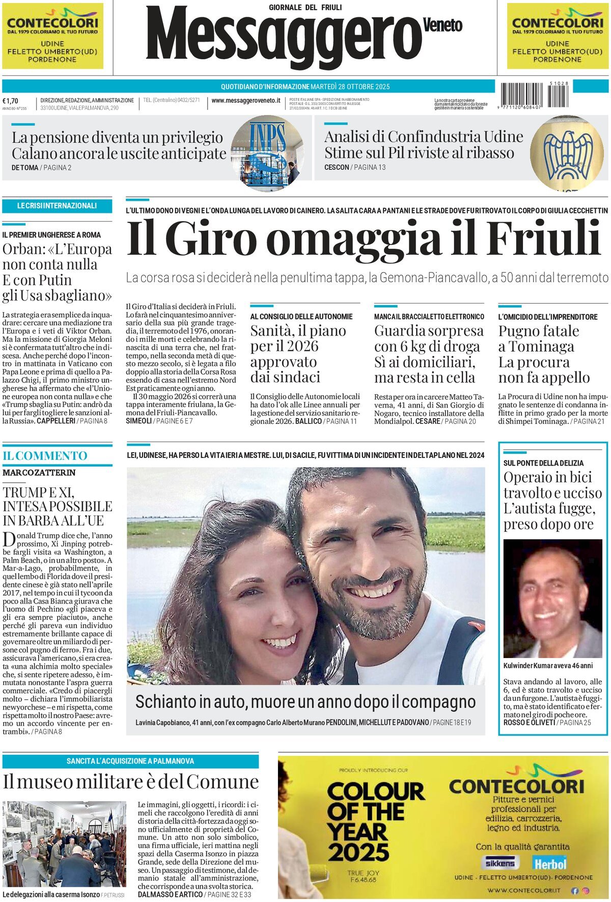 Prima Pagina Messaggero Veneto (Udine) 28/10/2025