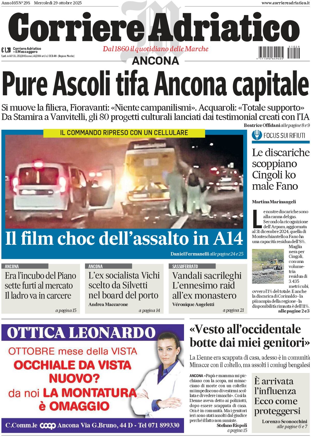 Prima Pagina Corriere Adriatico (Ancona) 29/10/2025