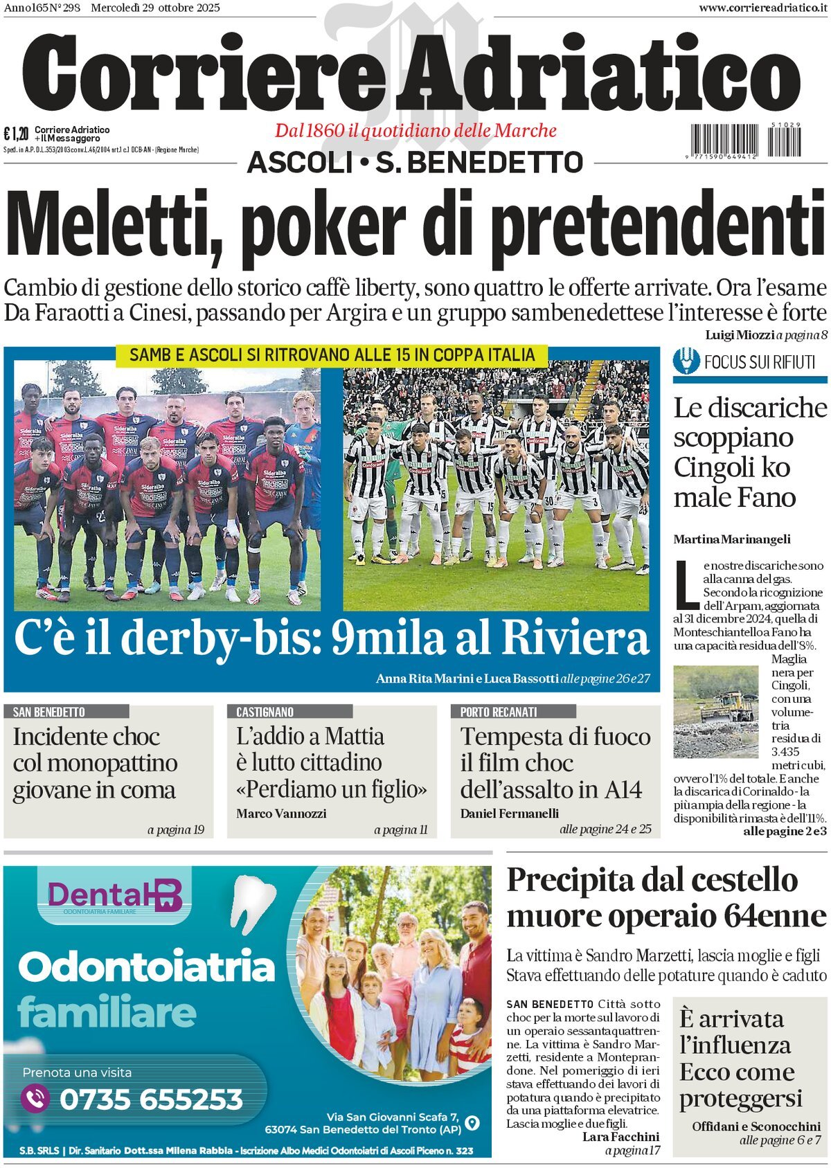 Prima Pagina Corriere Adriatico (Ascoli) 29/10/2025