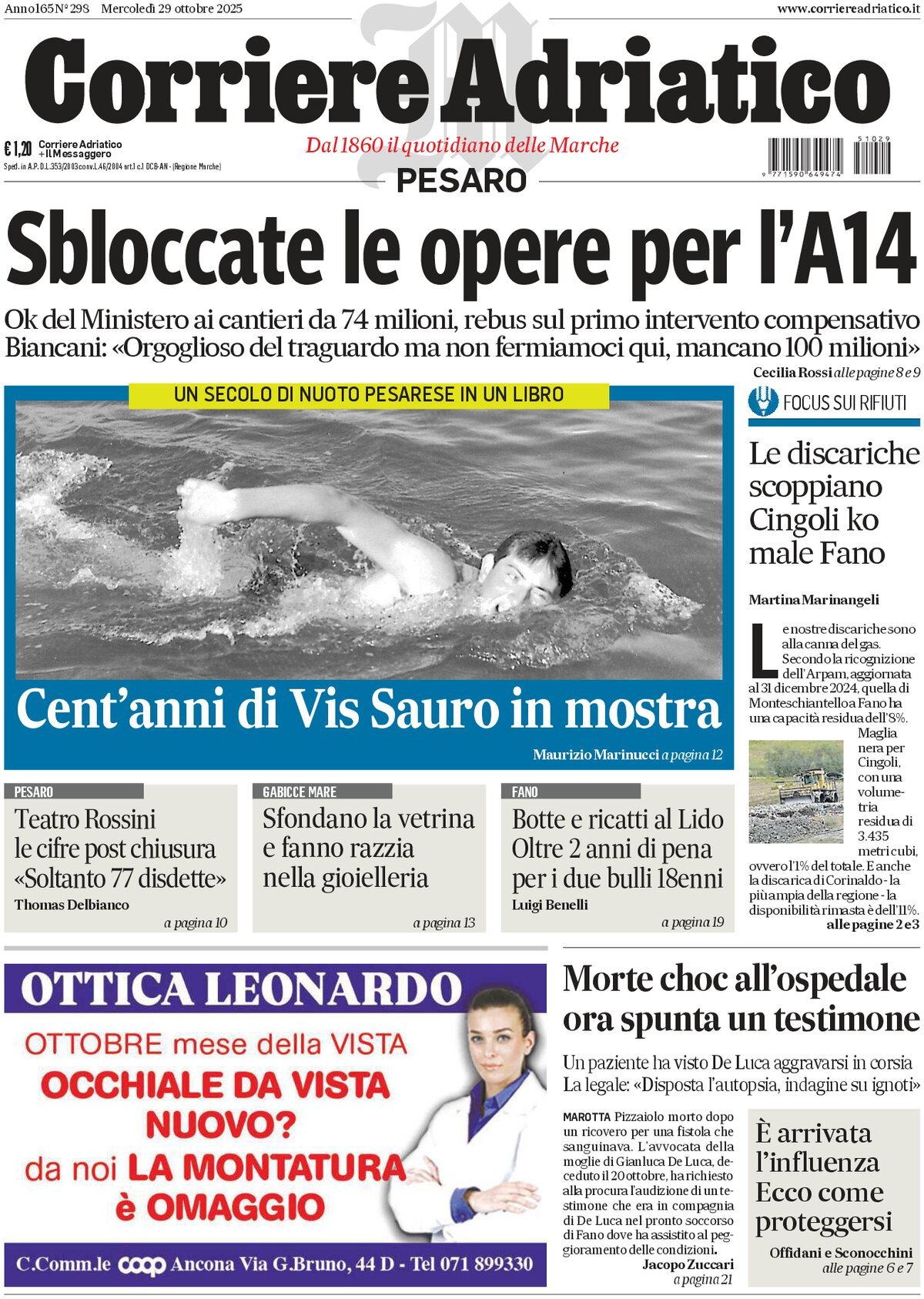 Prima Pagina Corriere Adriatico (Pesaro) 29/10/2025