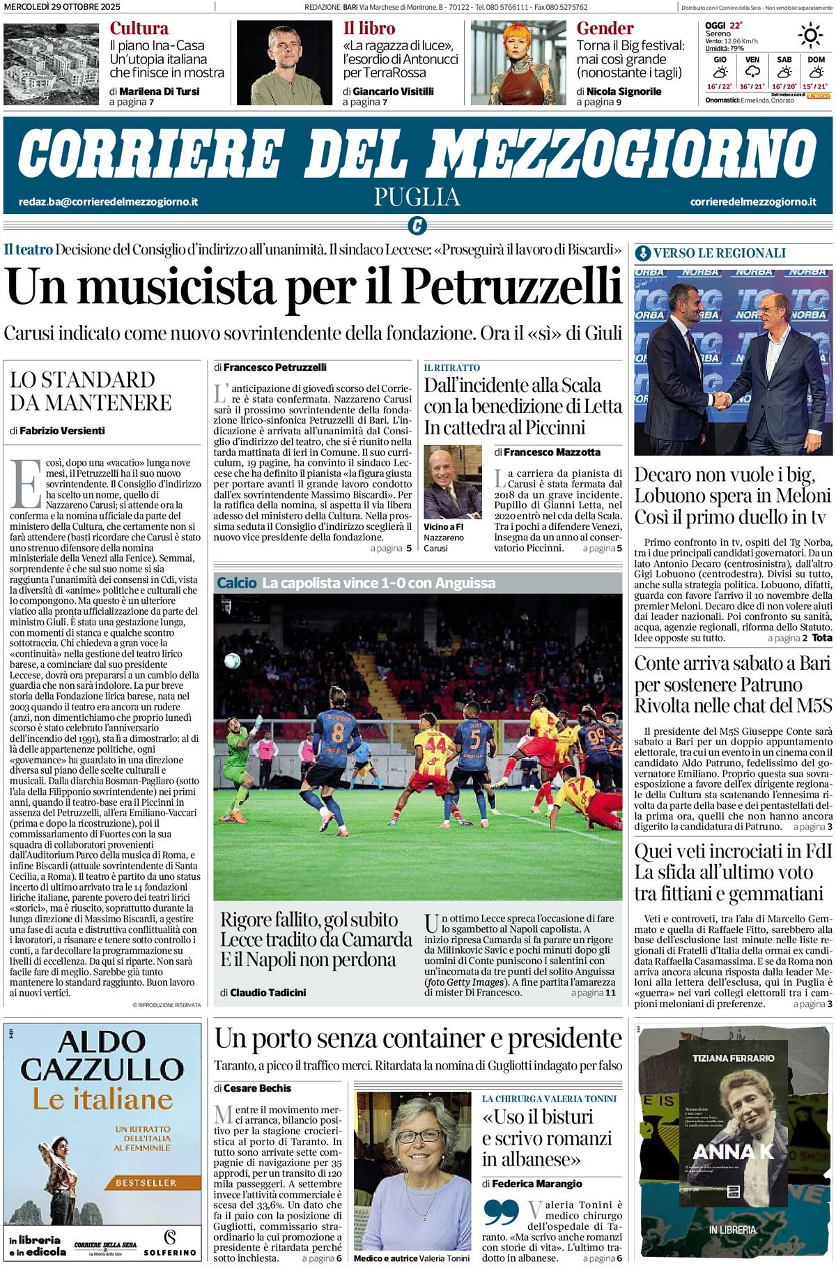 Prima Pagina Corriere del Mezzogiorno (Puglia) 29/10/2025