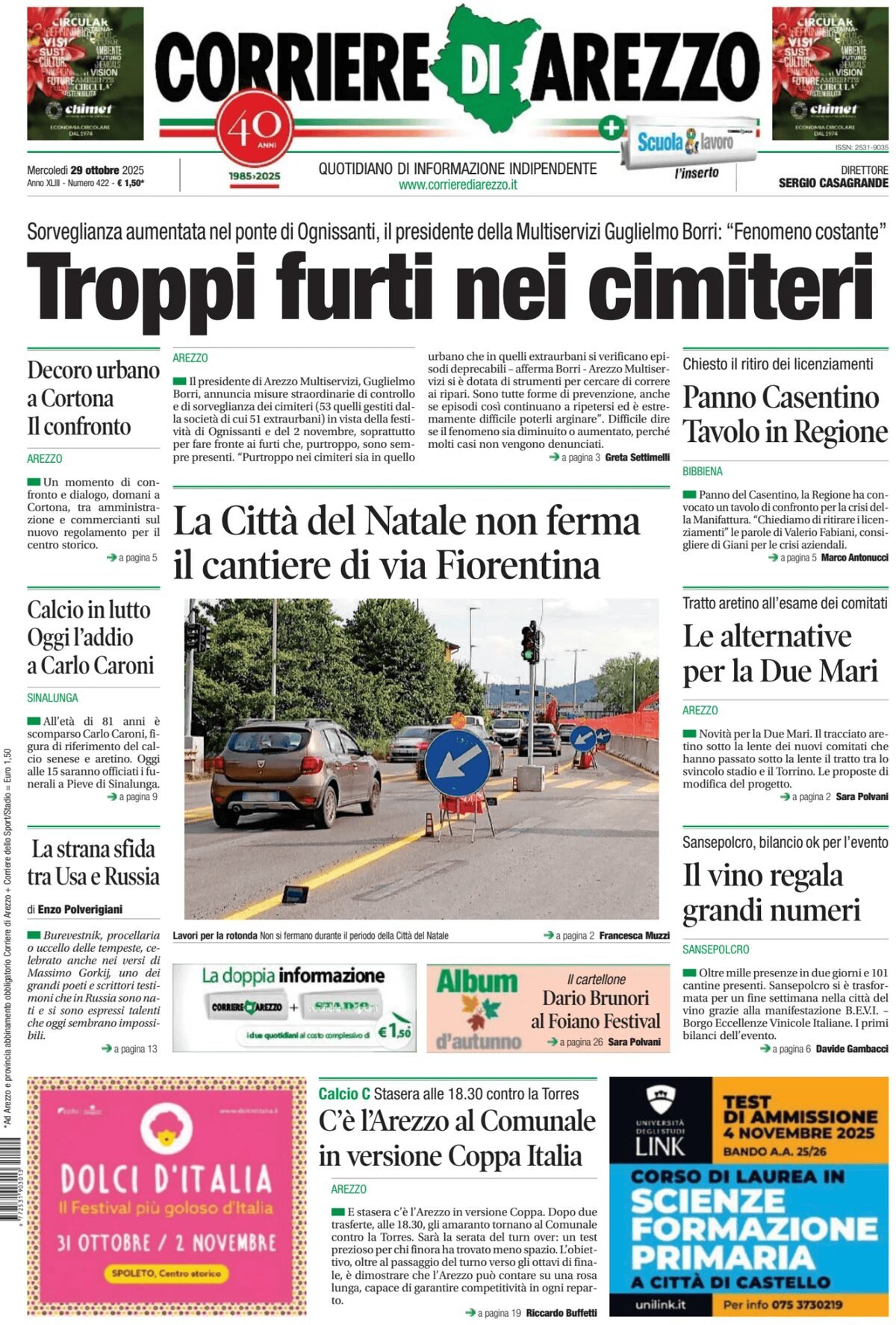 Prima Pagina Corriere di Arezzo 29/10/2025