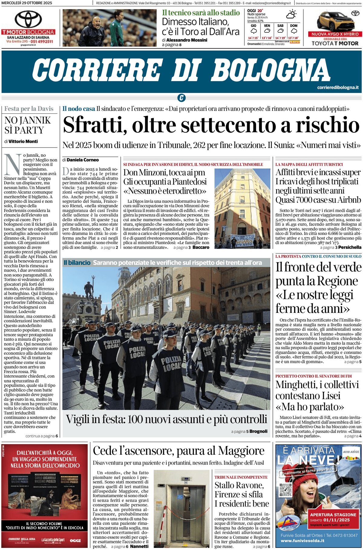 Prima Pagina Corriere di Bologna 29/10/2025