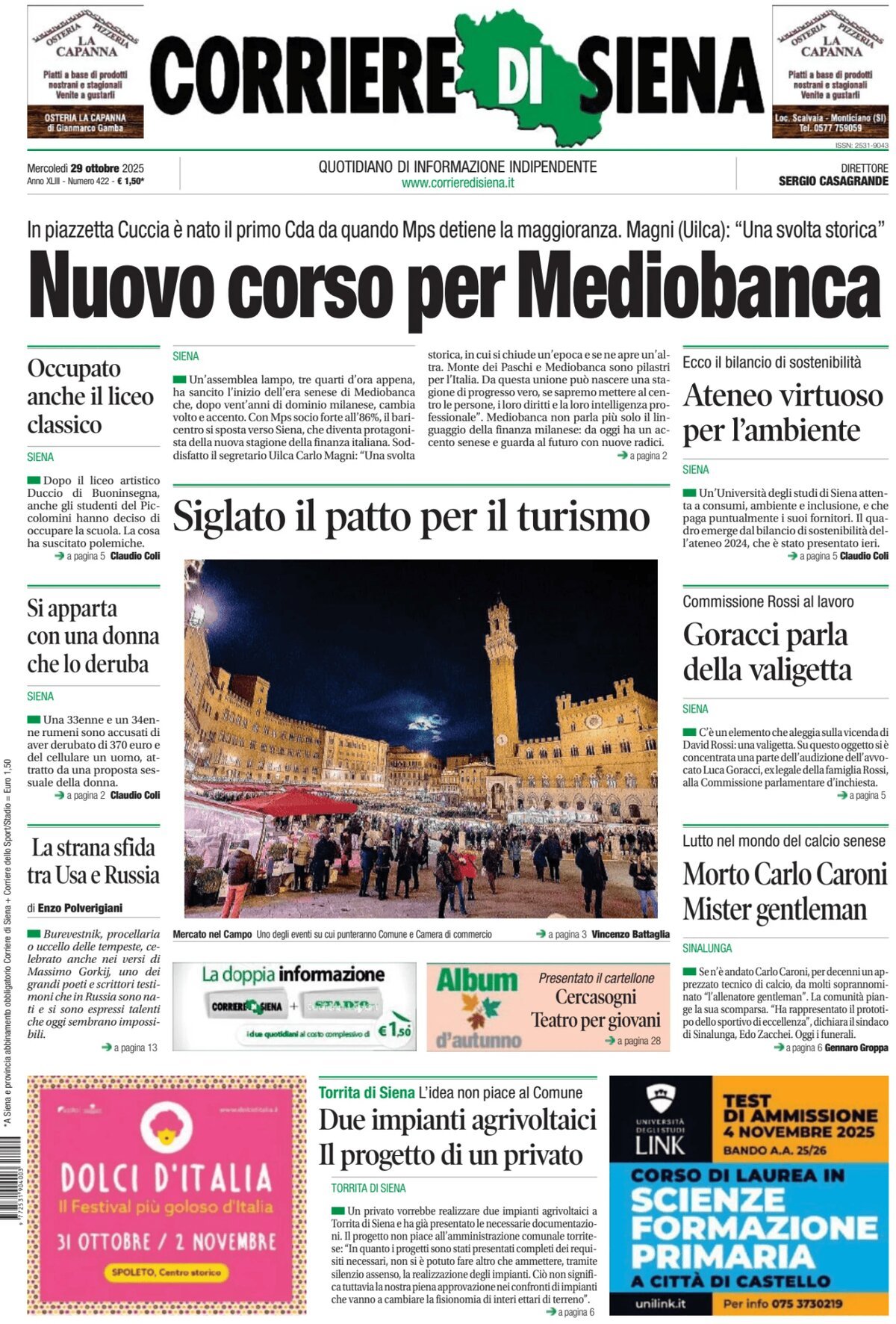 Prima Pagina Corriere di Siena 29/10/2025