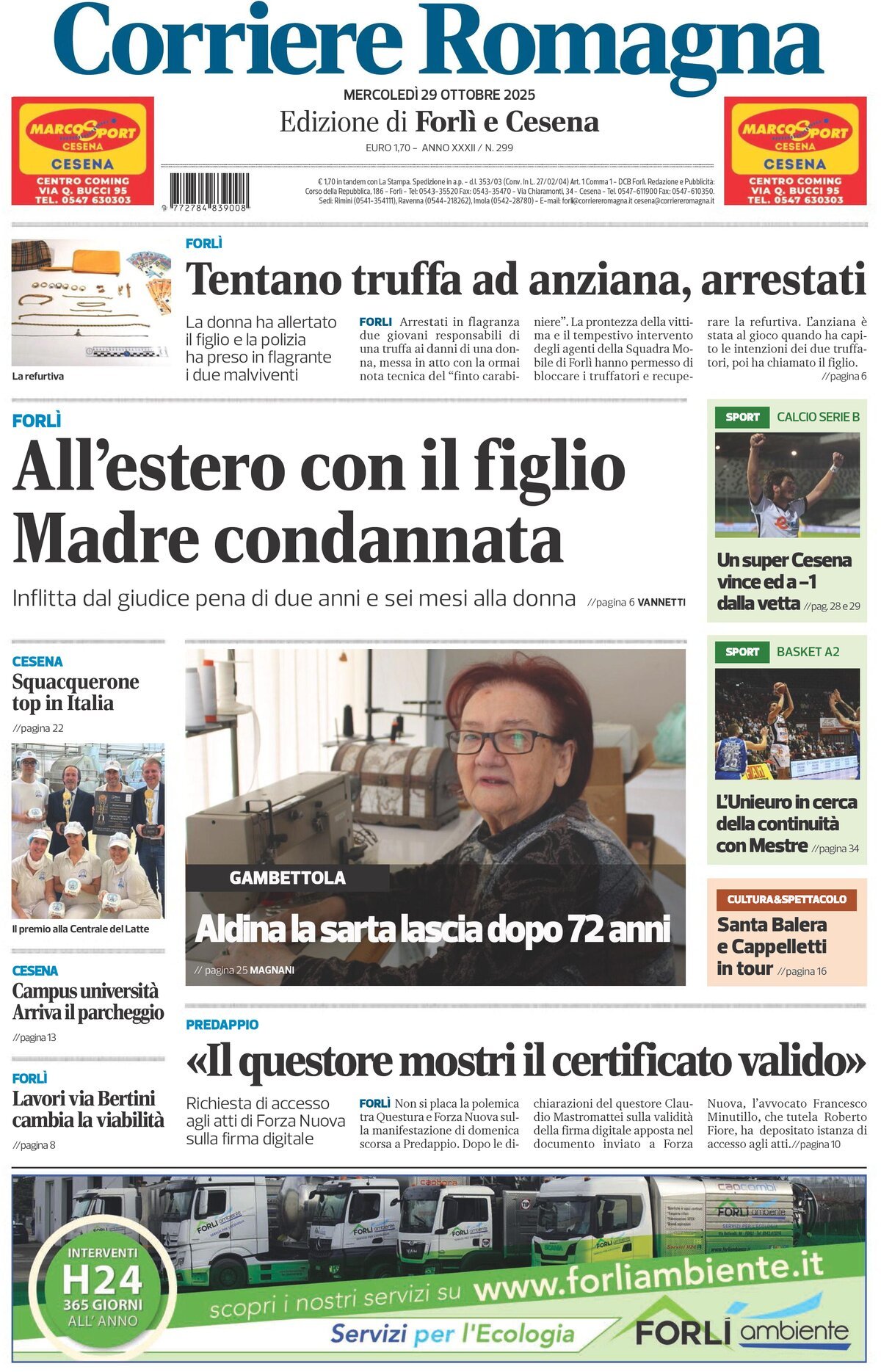 Prima Pagina Corriere Romagna (Forlì e Cesena) 29/10/2025