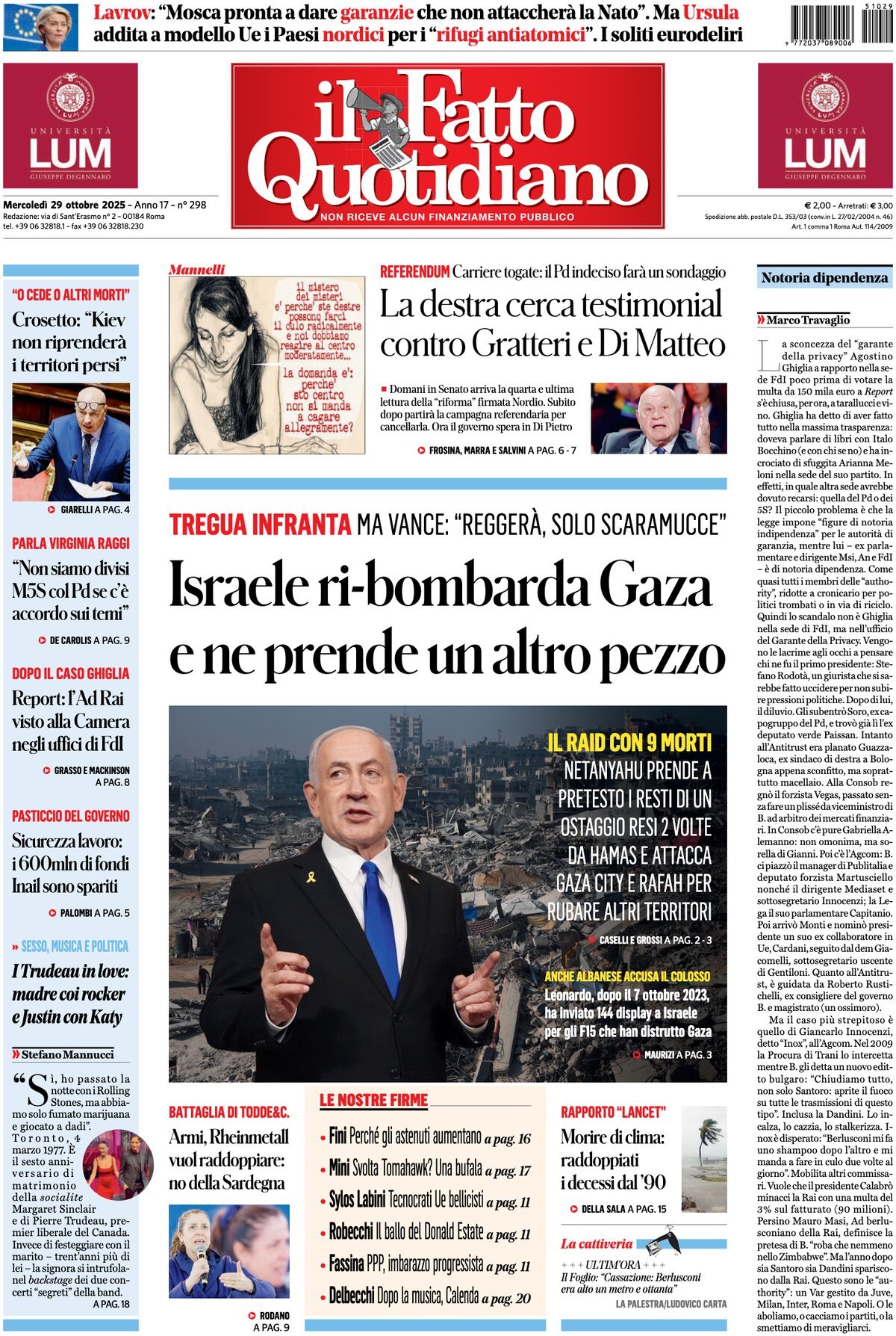 Prima Pagina Il Fatto Quotidiano 29/10/2025