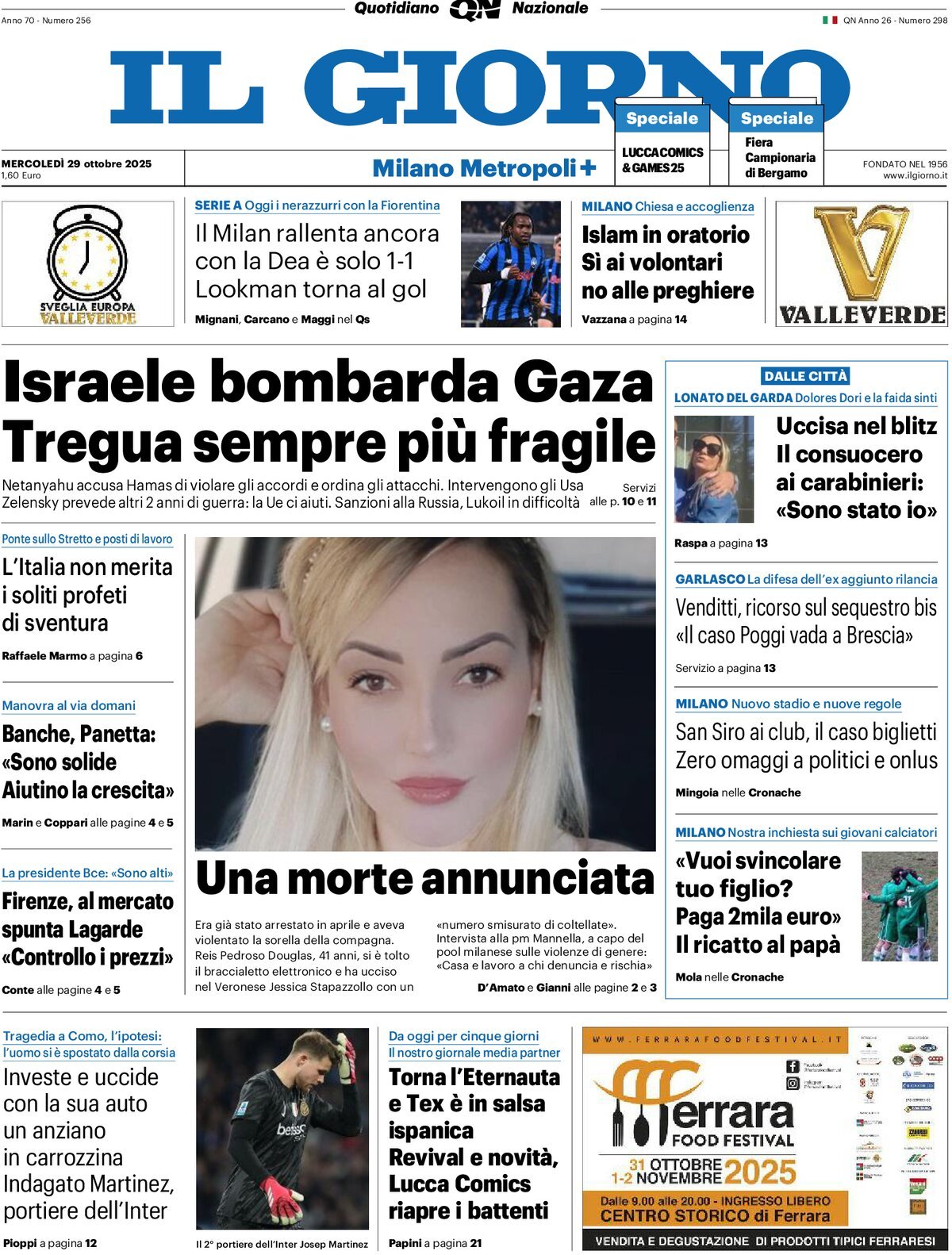 Prima Pagina Il Giorno (Milano Metropoli) 29/10/2025