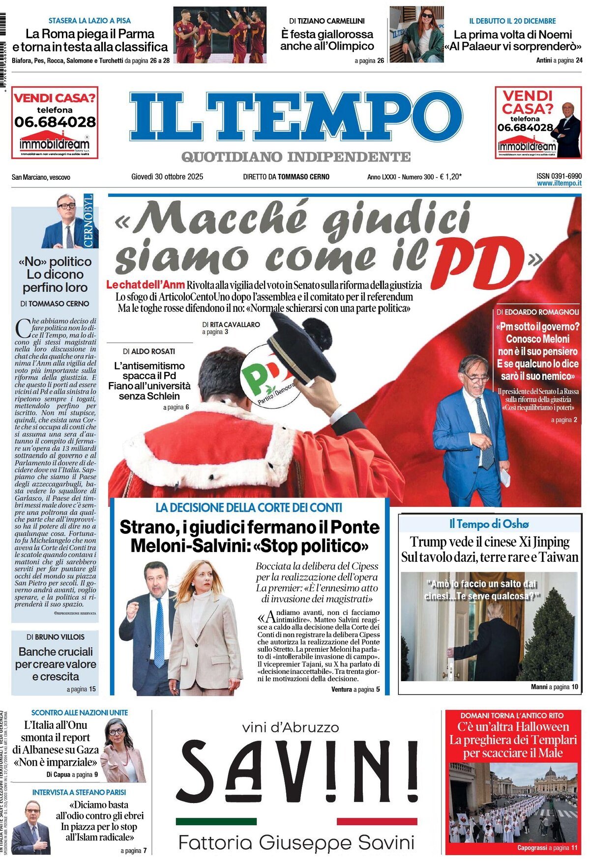 Prima Pagina Il Tempo 30/10/2025
