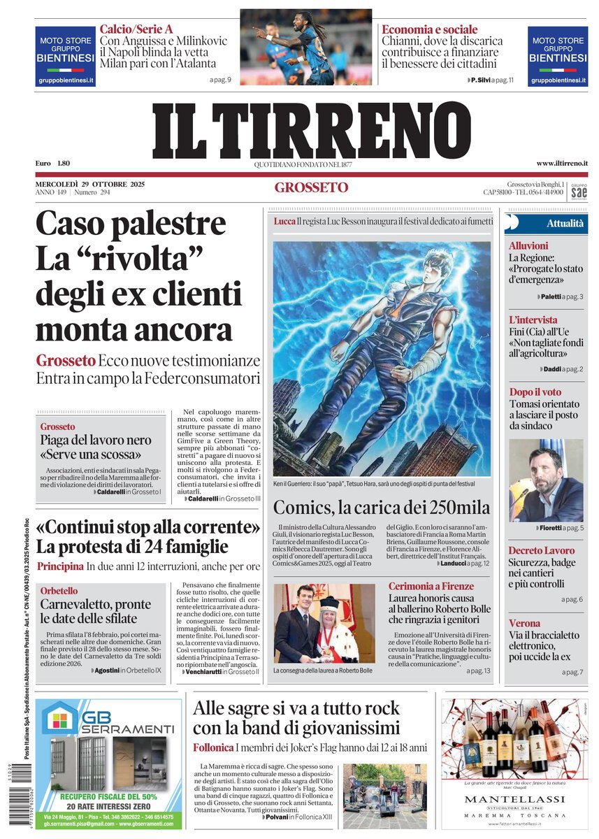 Prima Pagina Il Tirreno (Grosseto) 29/10/2025