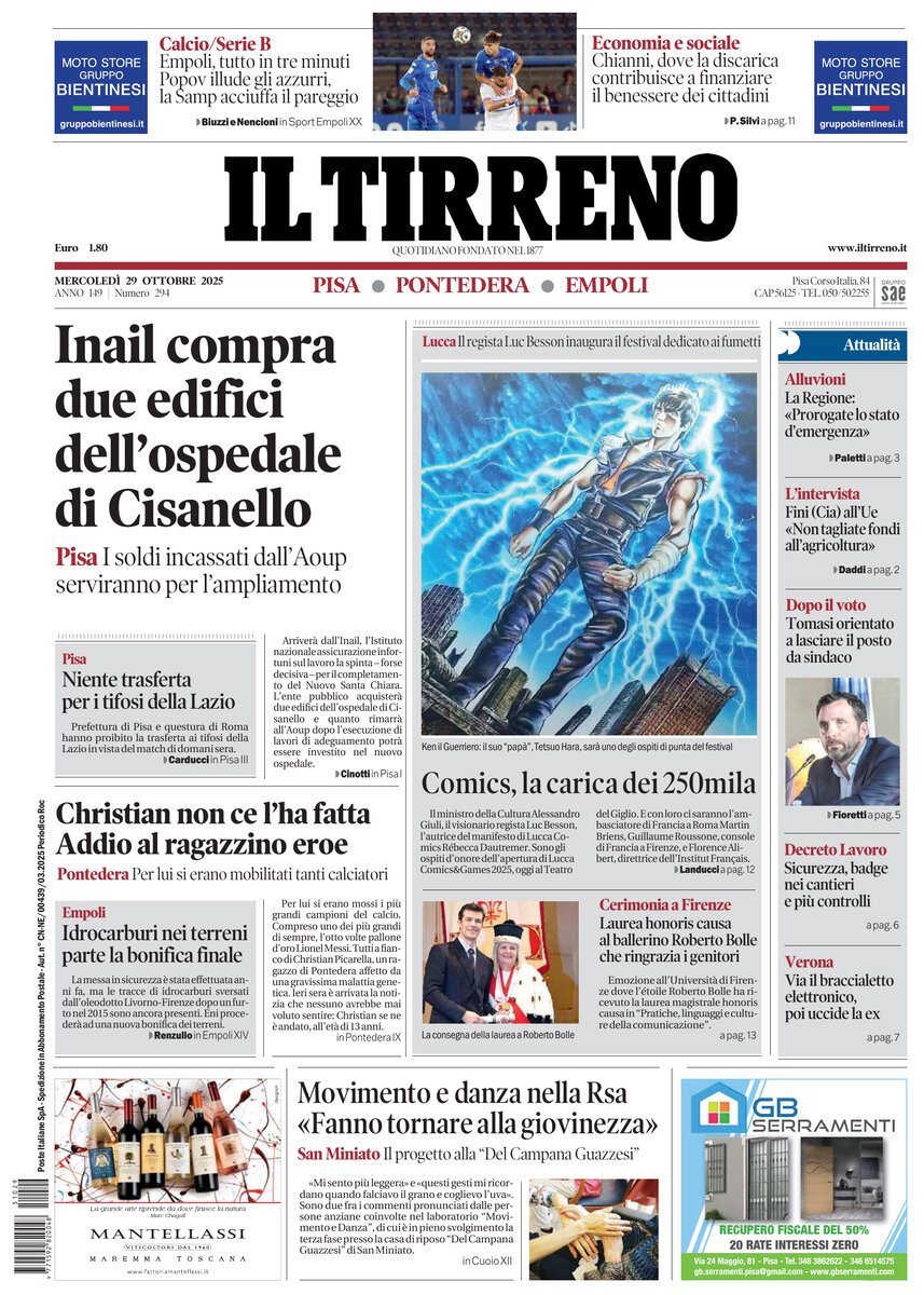 Prima Pagina Il Tirreno (Pisa, Pontedera) 29/10/2025