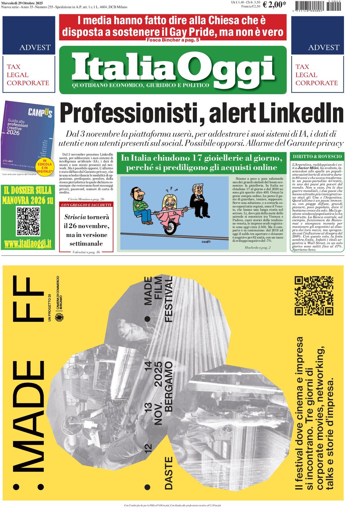 Prima Pagina ItaliaOggi 29/10/2025