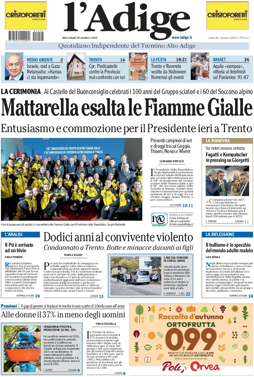Prima Pagina L'Adige 29/10/2025