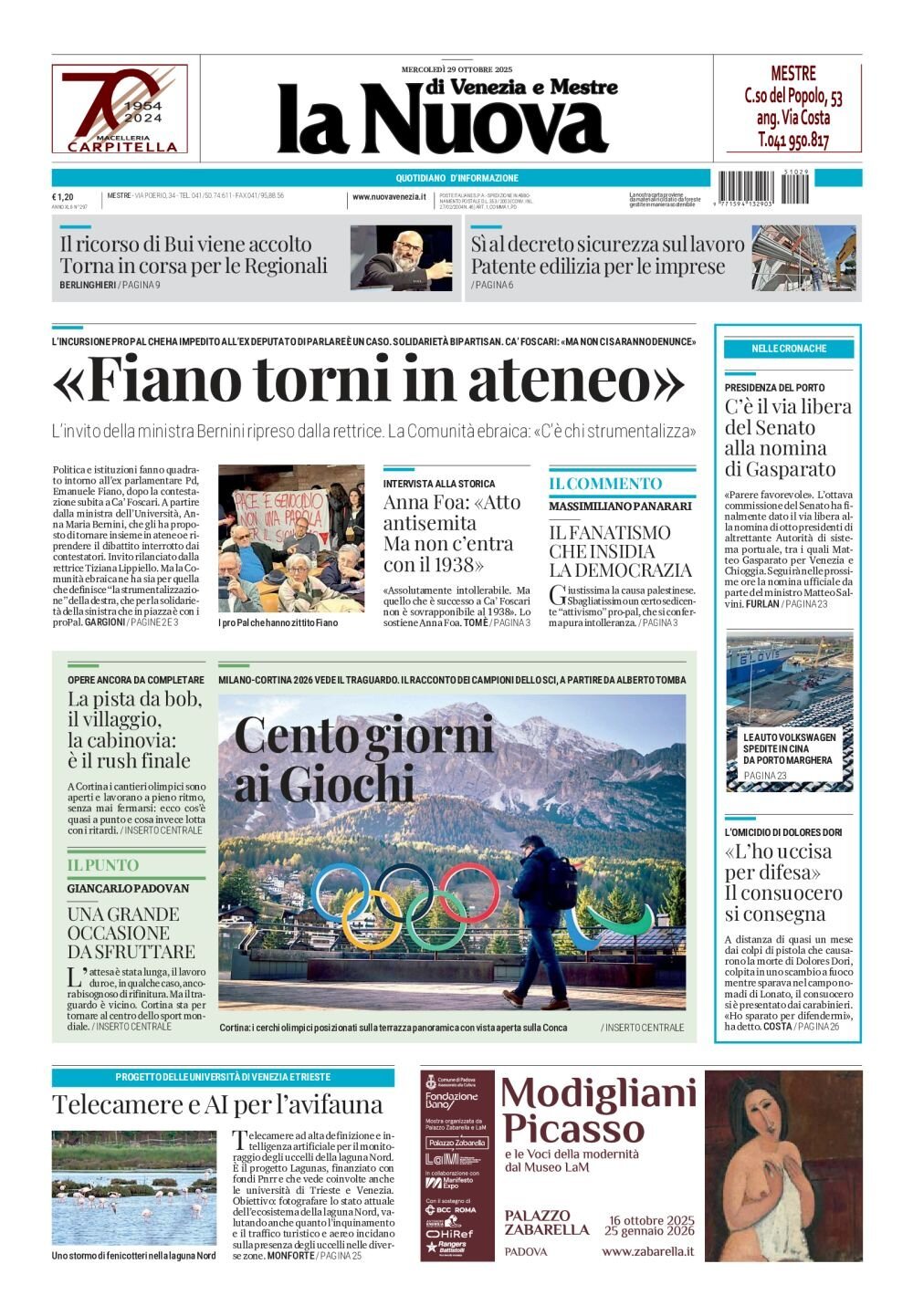 Prima Pagina La Nuova di Venezia e Mestre 29/10/2025