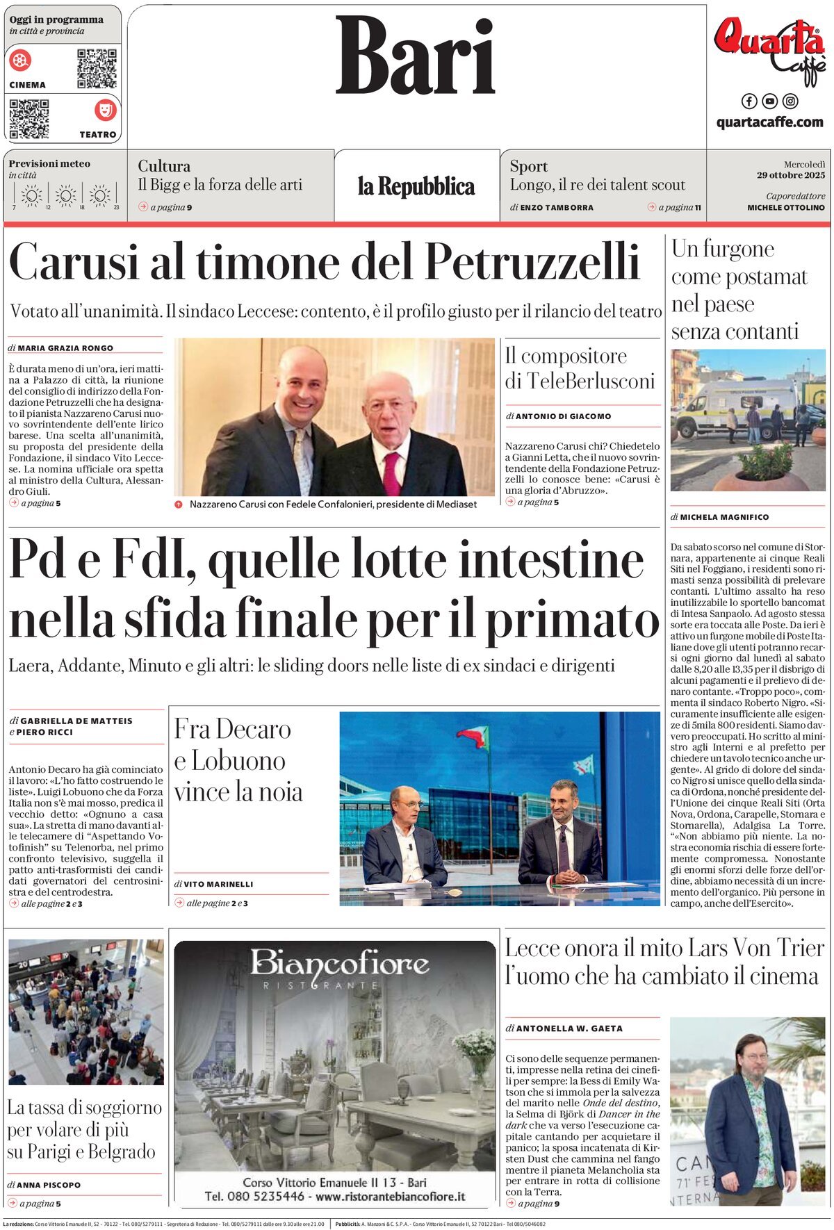 Prima Pagina La Repubblica (Bari) 29/10/2025