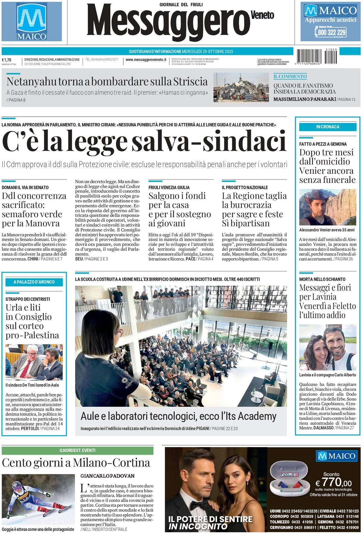 Prima Pagina Messaggero Veneto (Udine) 29/10/2025